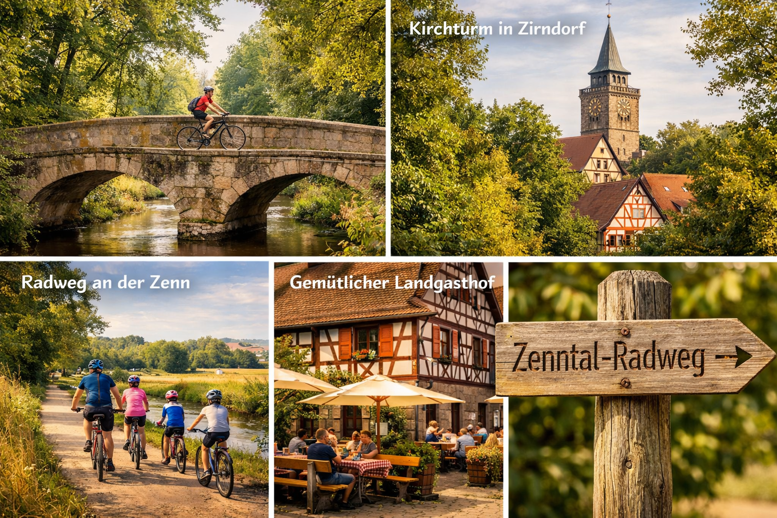 () detailed scene showing multiple visual panels of the Zenntal-Radweg route highlights: a cyclist crossing a charming old