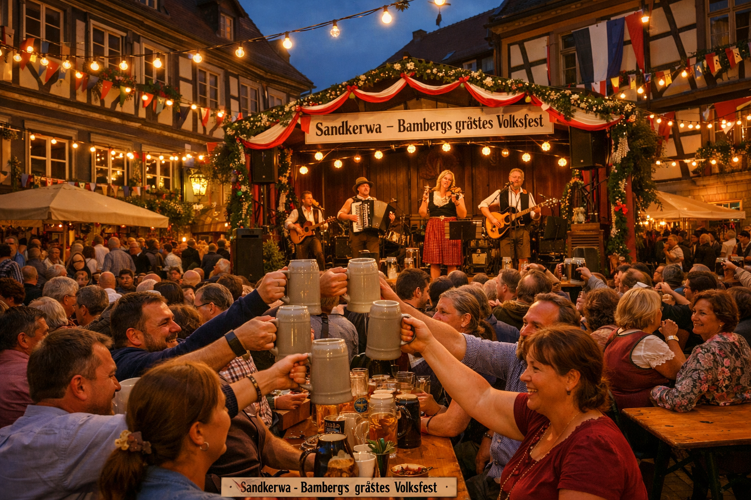 () detailed scene showing the historic Bamberg Sand district street festival atmosphere: wooden beer benches and tables