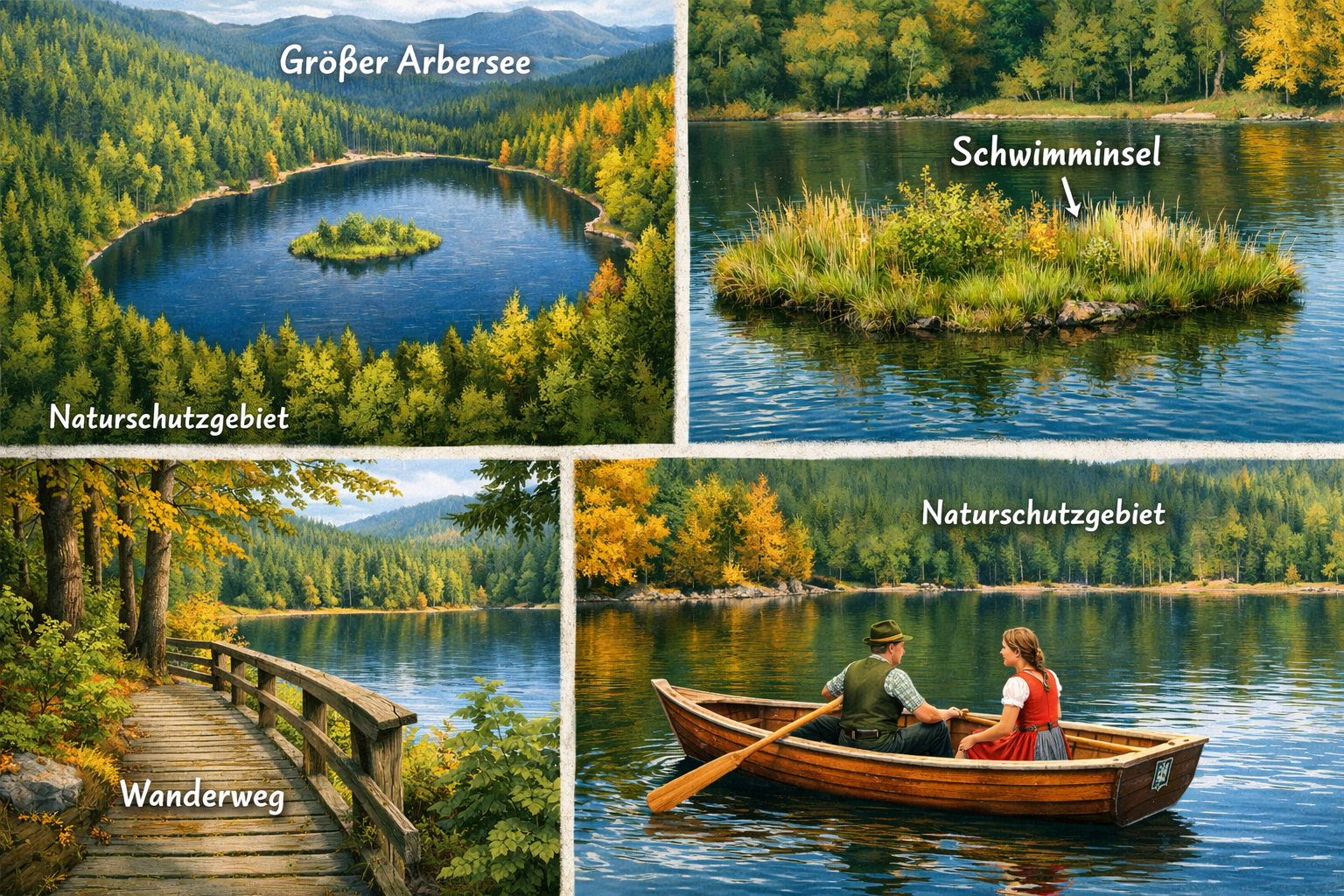 Großer Arbersee (Bayerischer Wald) 1 () detailed split-scene illustration showing the Großer Arbersee from multiple perspectives: aerial drone view of the oval