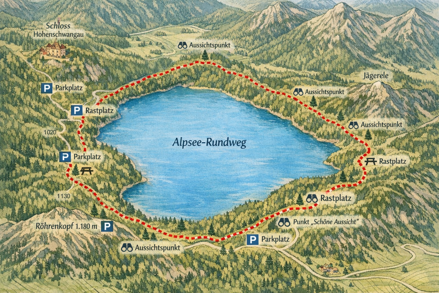 Alpsee-Rundweg (Schwangau / Allgäu) 1 () detailed trail map illustration of the Alpsee-Rundweg in Schwangau, Allgäu. Aerial bird's-eye perspective showing the