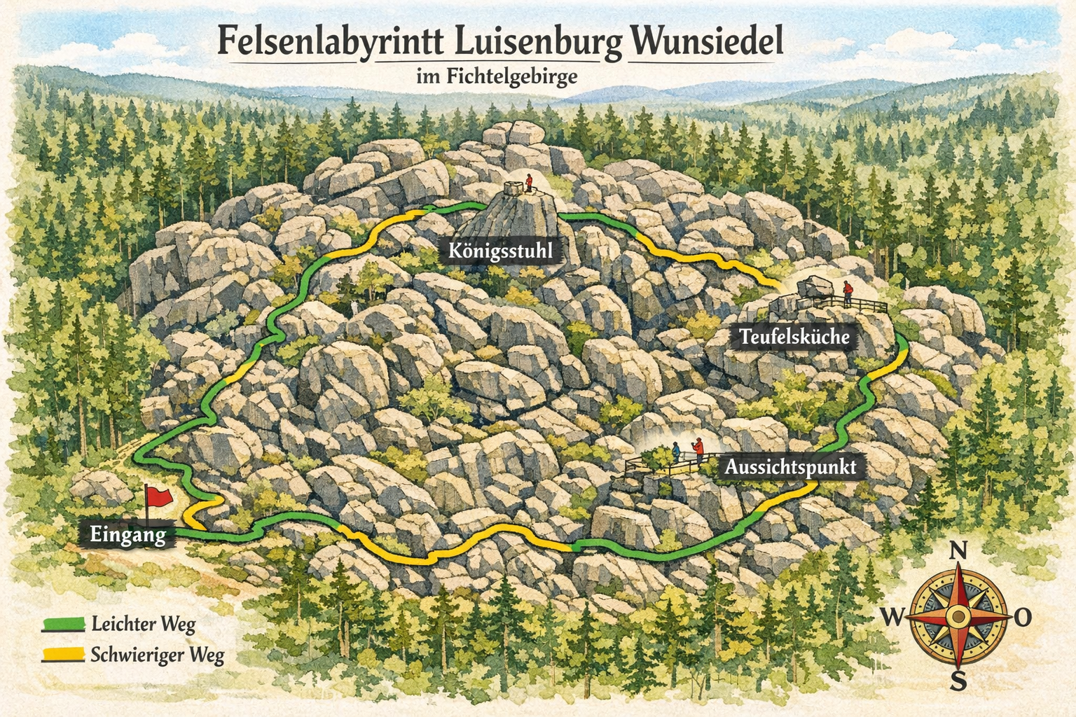 () detailed trail map illustration of the Felsenlabyrinth Luisenburg Wunsiedel showing the circular hiking route through