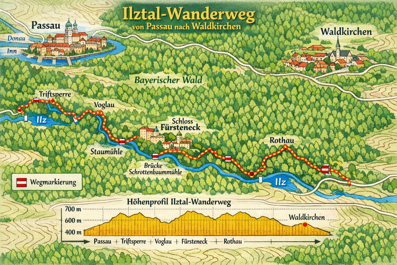 Ilztal-Wanderweg (Passauer Land / Bayerischer Wald) 1 () detailed trail map illustration of the Ilztal-Wanderweg route from Passau through Bayerischer Wald, showing waypoints,