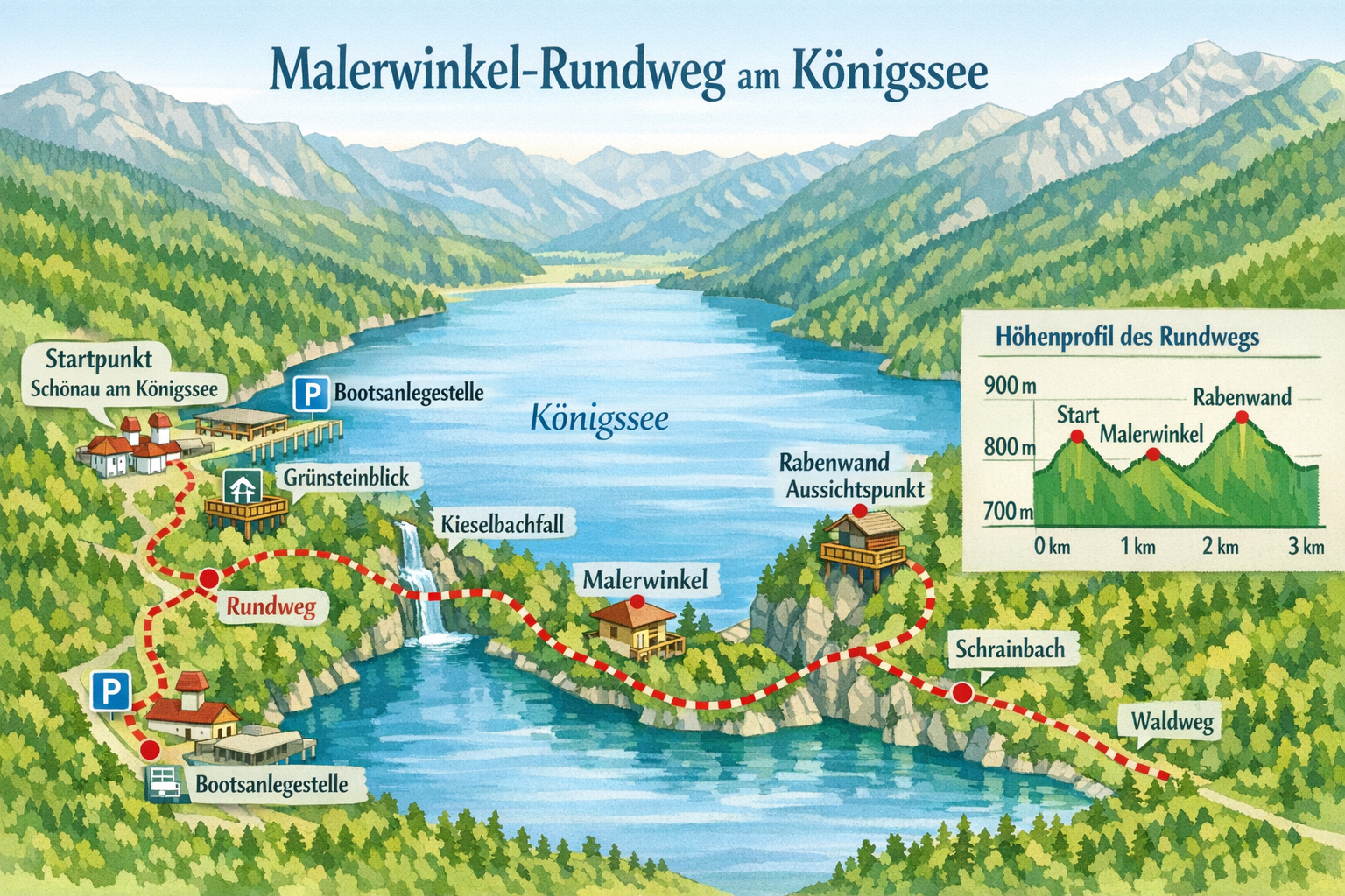 Malerwinkel-Rundweg am Königssee (Berchtesgadener Land) 1 () detailed trail map illustration of the Malerwinkel-Rundweg am Königssee showing the circular hiking route from Schönau am