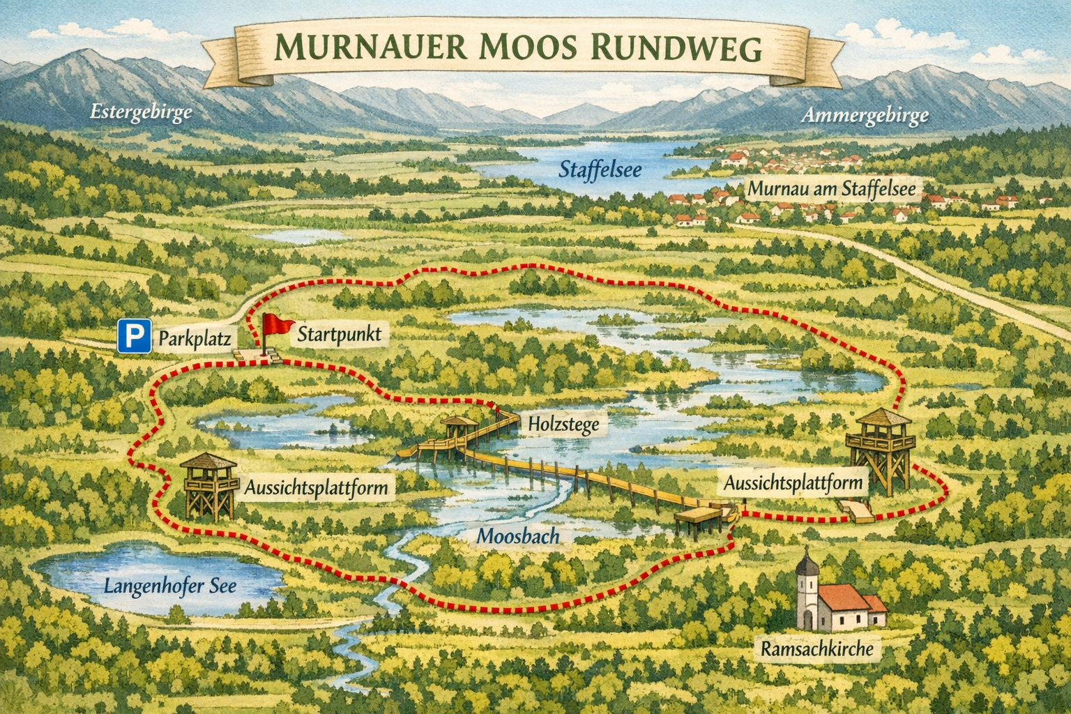 Murnauer Moos Rundweg (Blaues Land / Oberbayern) 1 () detailed trail map illustration of the Murnauer Moos Rundweg circular hiking route, showing the path winding through