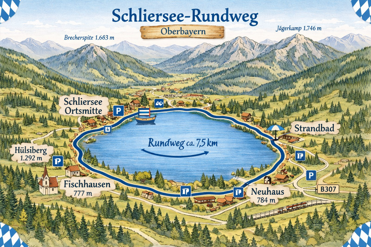 () detailed trail map illustration of the Schliersee-Rundweg in Oberbayern, showing the circular route around the lake with