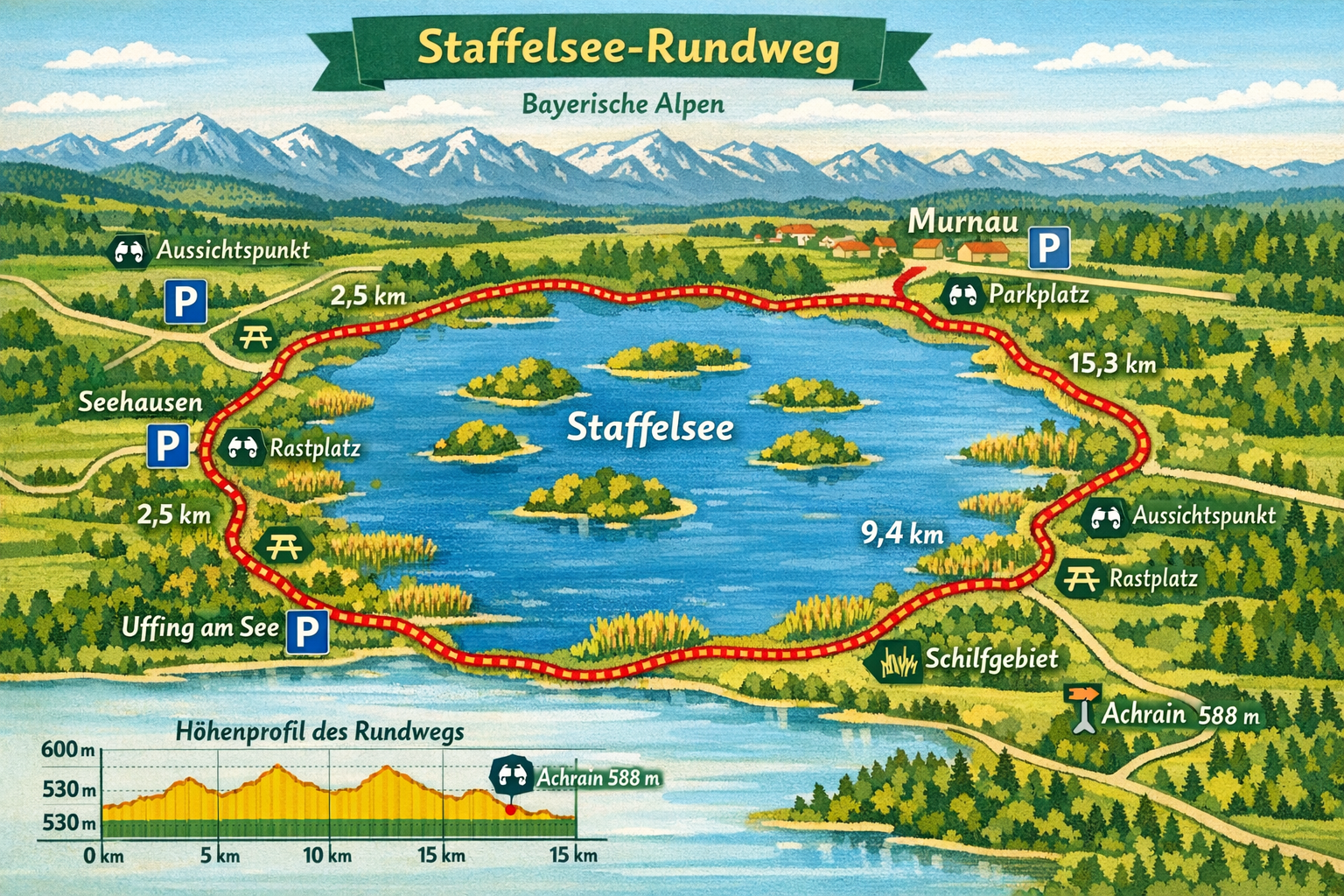 Rund um den Staffelsee (Murnau / Oberbayern) 1 () detailed trail map illustration of the Staffelsee circular hiking route near Murnau, Oberbayern. Shows the lake perimeter