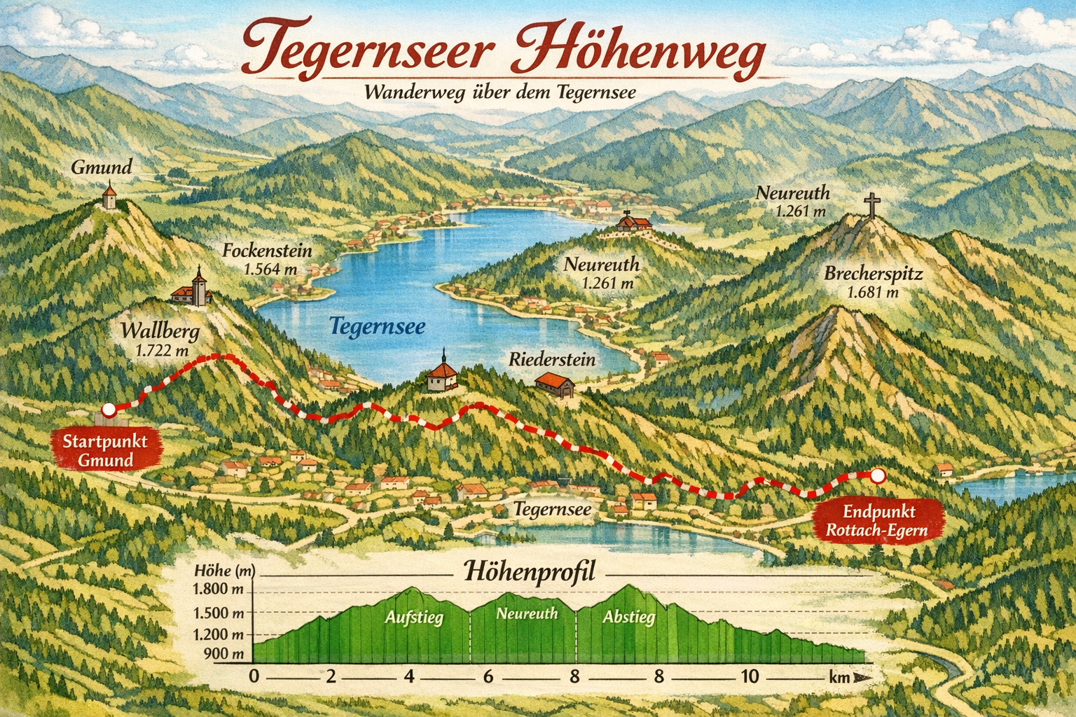 Tegernseer Höhenweg (Oberbayern) 1 () detailed trail map illustration of the Tegernseer Höhenweg route in Oberbayern, showing waypoints like Wallberg, Rotwand,