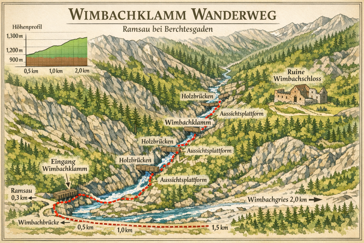 Wimbachklamm (Ramsau / Berchtesgadener Land) 1 () detailed trail map illustration of the Wimbachklamm Wanderweg in Ramsau bei Berchtesgaden, showing the gorge path, wooden
