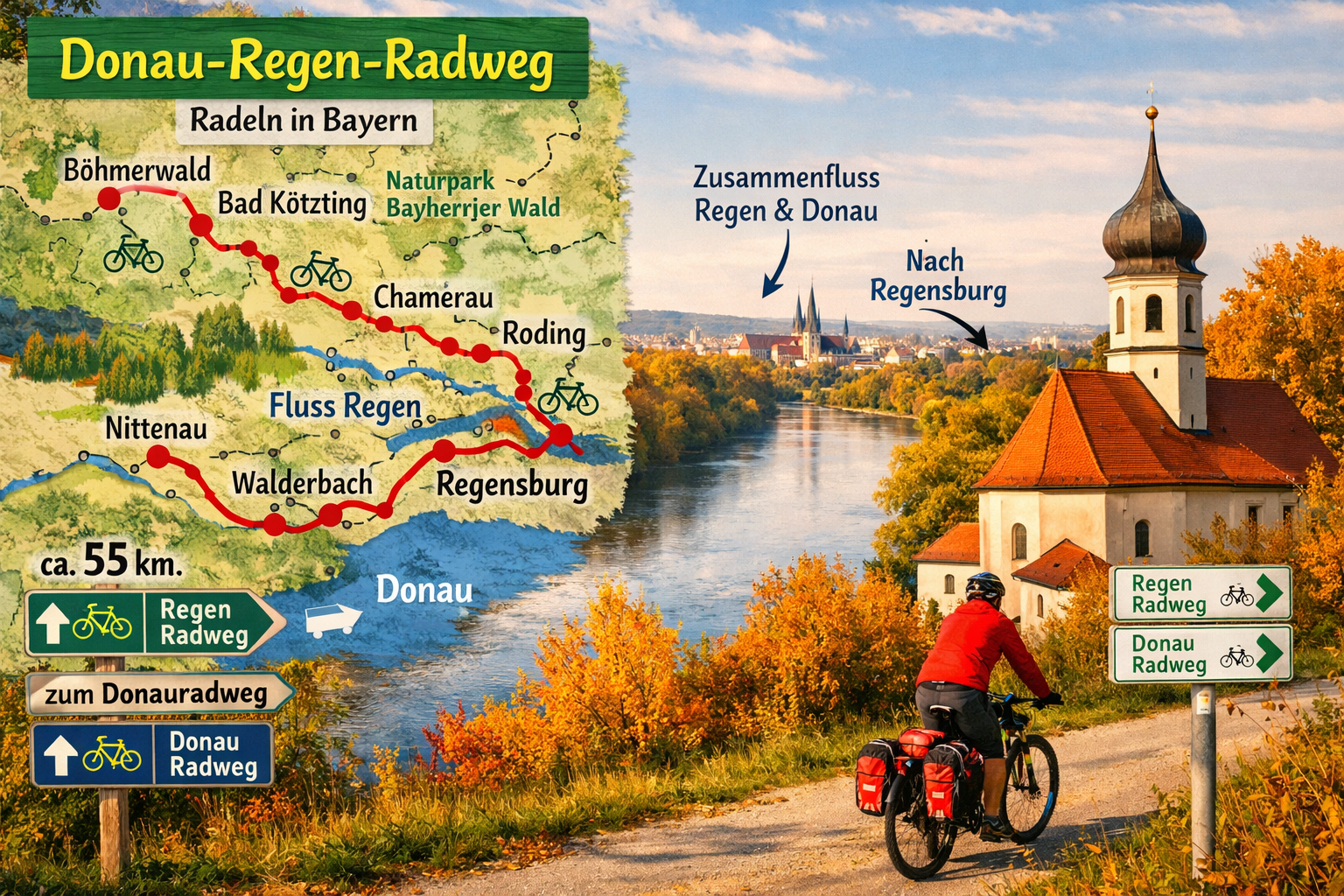 () detailed visual collage showing the Donau-Regen-Radweg route map of Bavaria overlaid on a scenic aerial photo of the