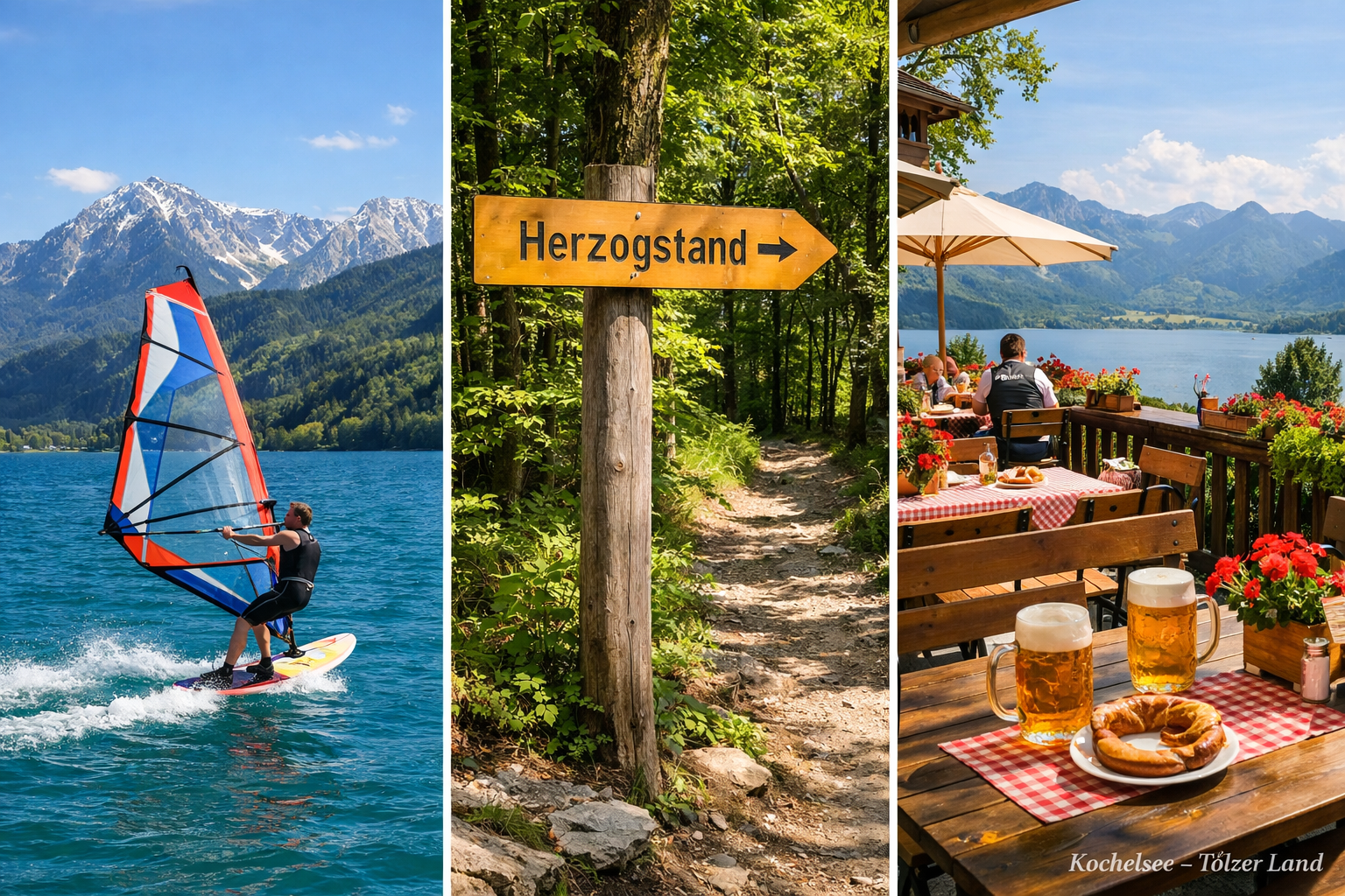() detailed visual collage showing the Kochelsee region activities: left panel shows a windsurfer on bright blue water with