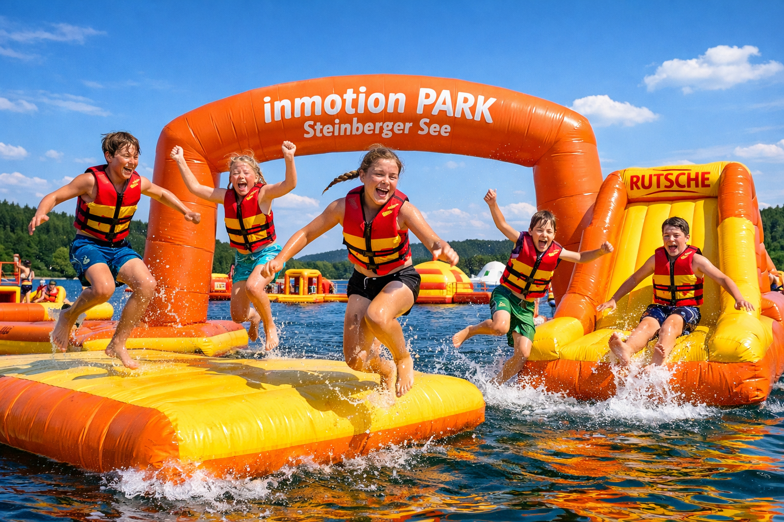 inmotion PARK Steinberger See (Steinberg am See) 1 () dynamic action shot at inmotion PARK Steinberger See: children and teenagers laughing and jumping on bright orange and