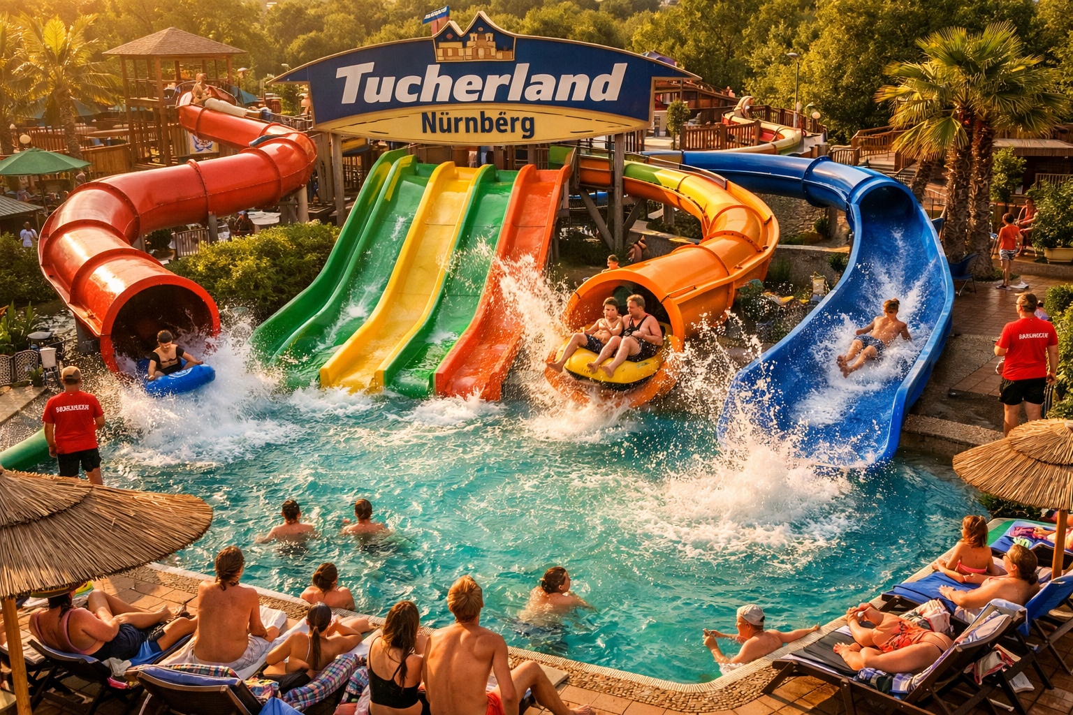 () dynamic action shot inside Tucherland Nürnberg showing multiple water slides in use, splashing water catching sunlight,