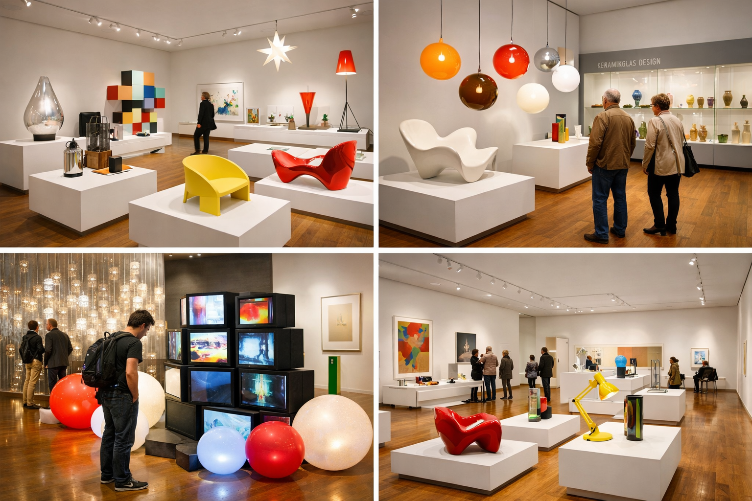 () editorial collage showing interior gallery spaces of the Neues Museum Nürnberg with contemporary design objects on white