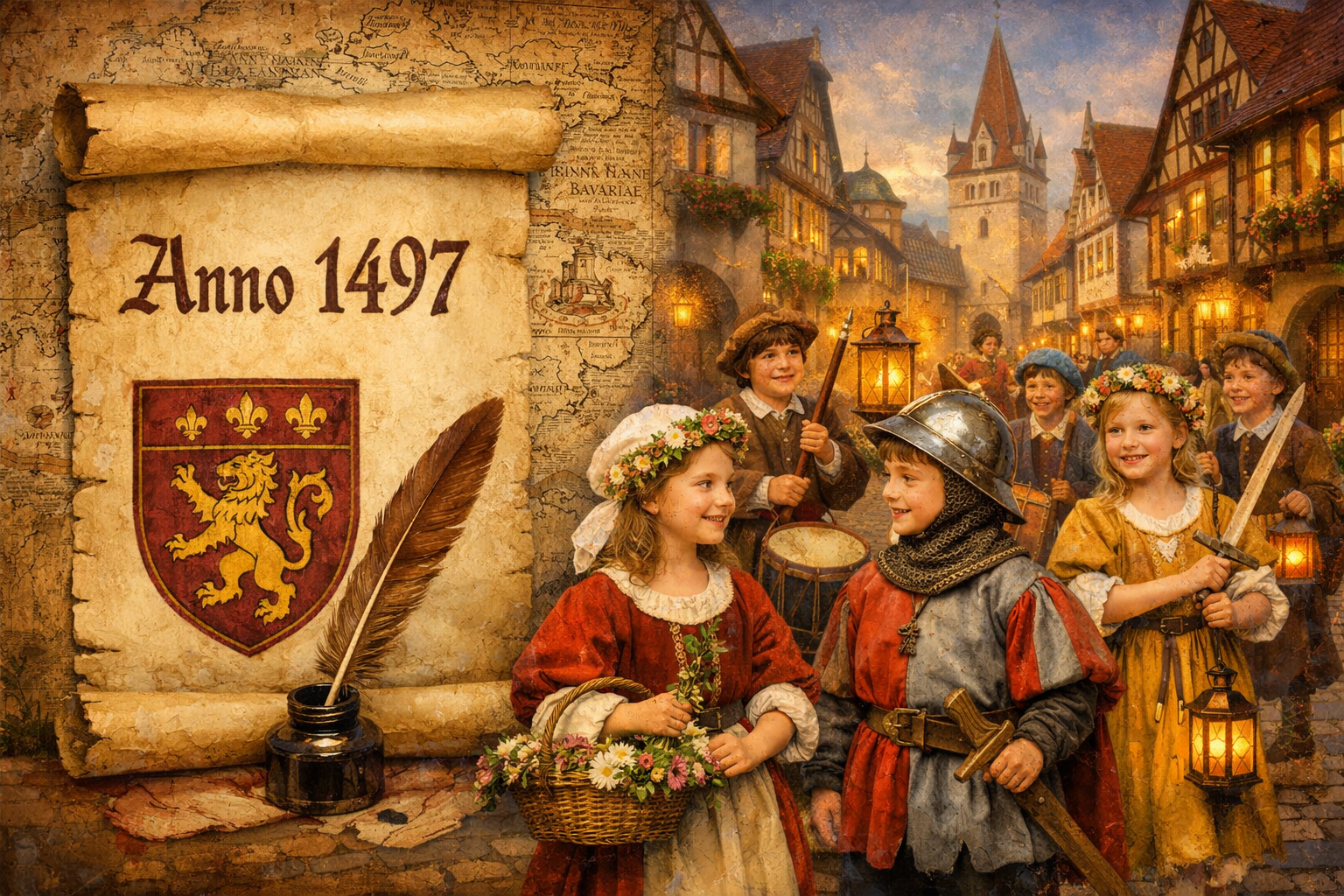 () editorial illustration showing the historical roots of the Tänzelfest Kaufbeuren – a split-scene composition: on the