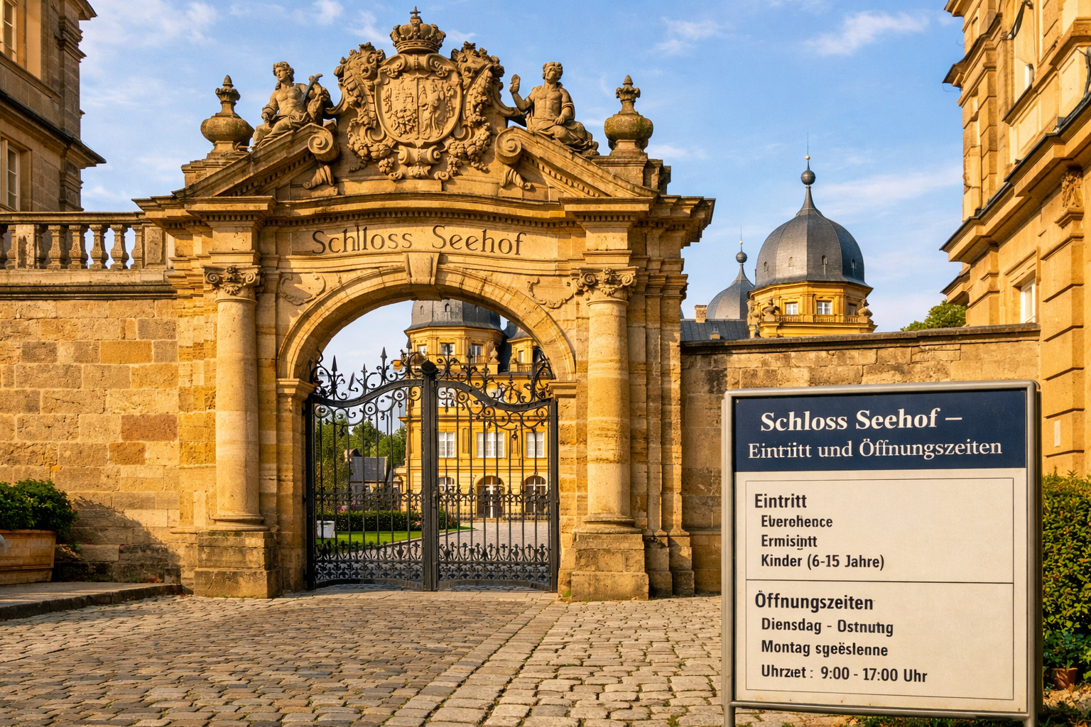 Schloss Seehof 2 () editorial image of the interior courtyard and entrance gate of Schloss Seehof, showing the historic sandstone archway