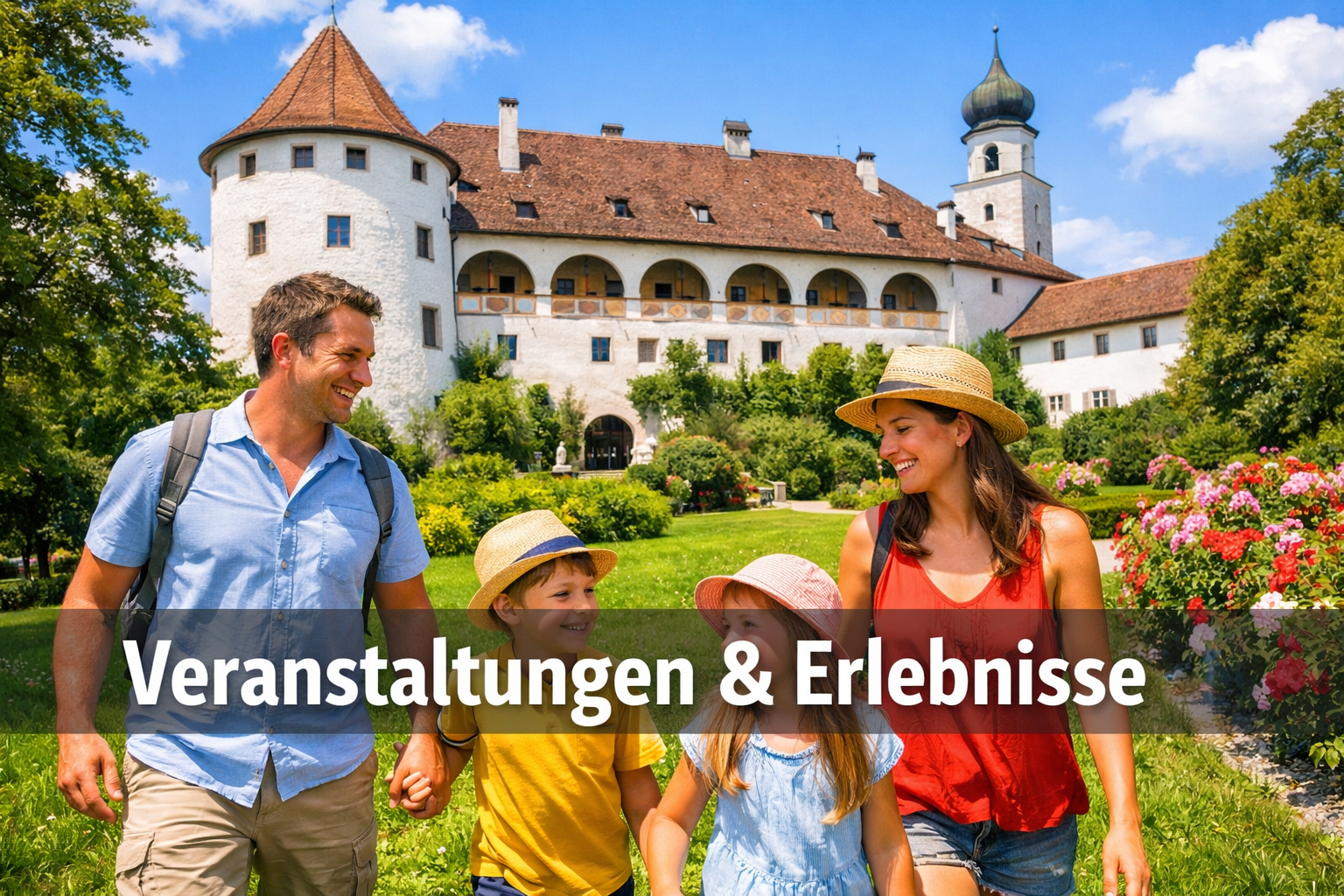 Schloss Amerang 2 () editorial image showing a cheerful family with children exploring the outdoor grounds of Schloss Amerang on a sunny