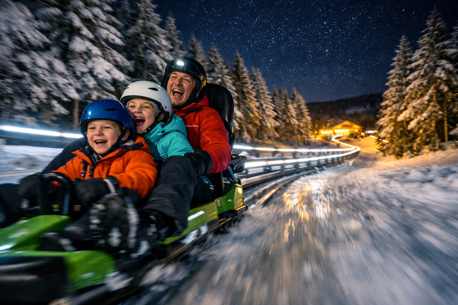 Freizeit- und Rodelparadies St. Englmar (Sankt Englmar) 2 () editorial image showing a close-up action scene of a family on a modern toboggan sled speeding down the illuminated