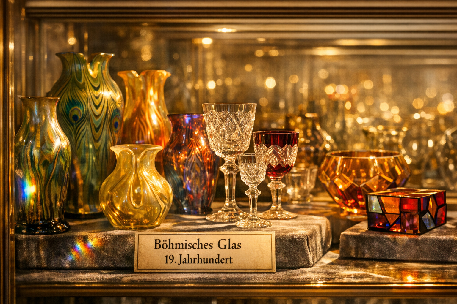 () editorial image showing a close-up display case inside the Glasmuseum Passau with exquisite hand-blown Jugendstil glass
