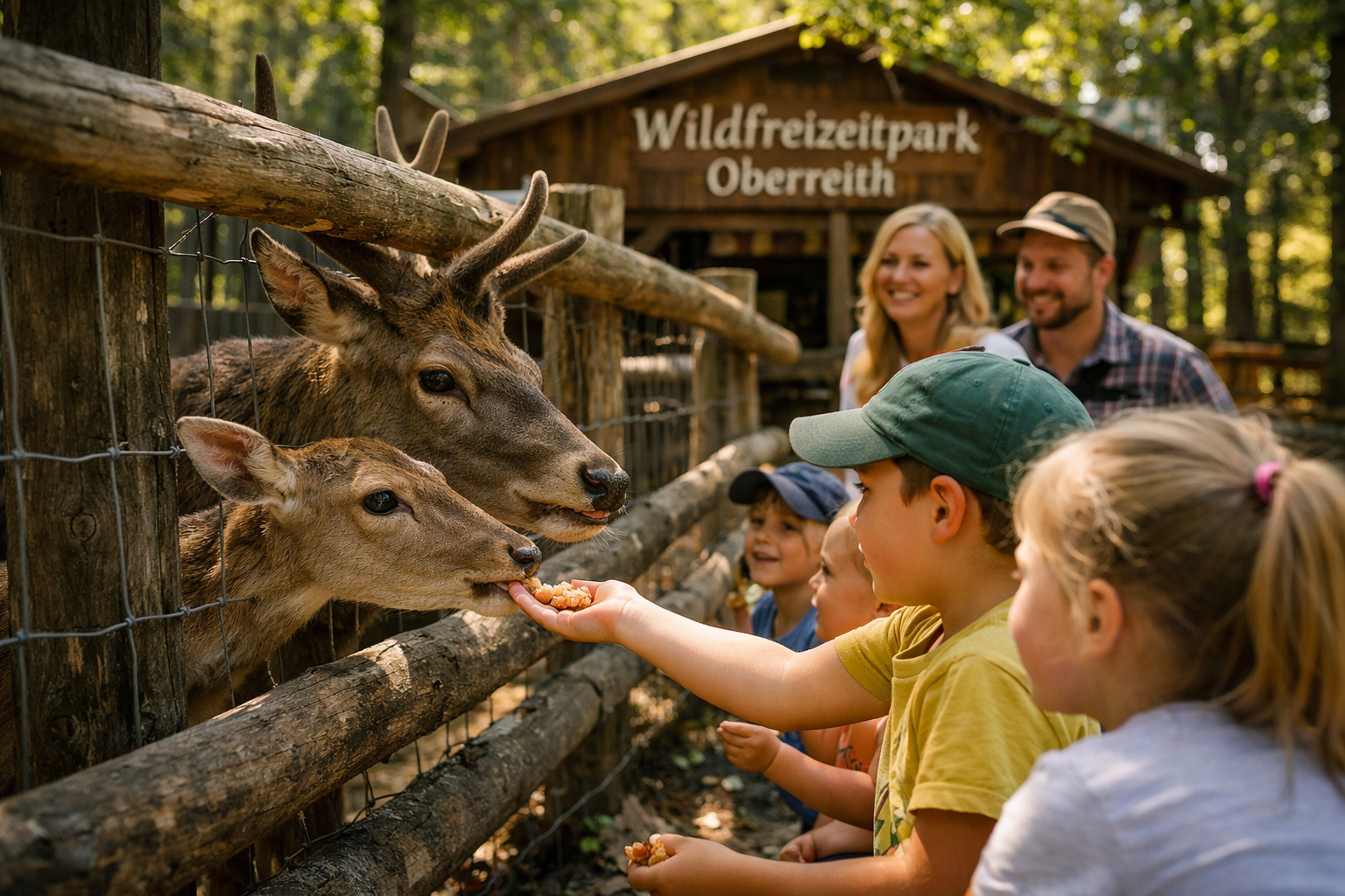 () editorial image showing a close-up scene inside Wildfreizeitpark Oberreith: a group of excited children feeding deer