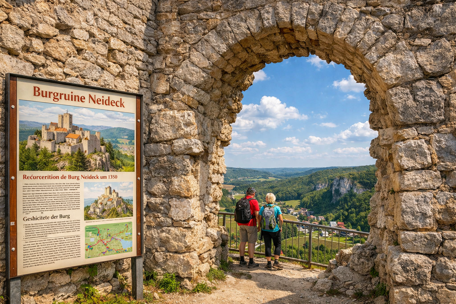 Burgruine Neideck 2 () editorial image showing a close-up view of the ancient limestone walls and arched window openings of Burgruine Neideck,
