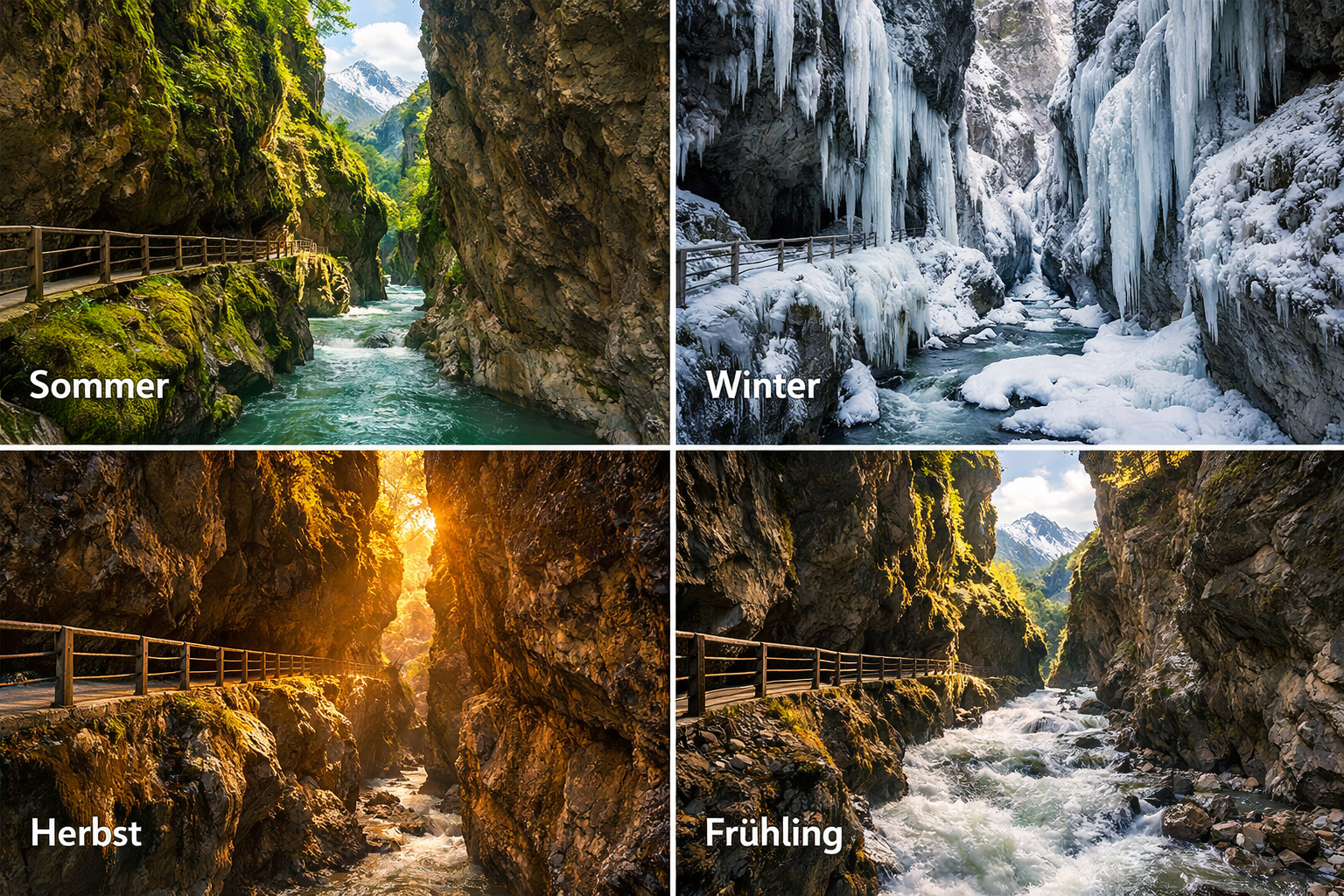 () editorial image showing a collage of four seasonal views inside the Partnachklamm gorge: summer with green moss and
