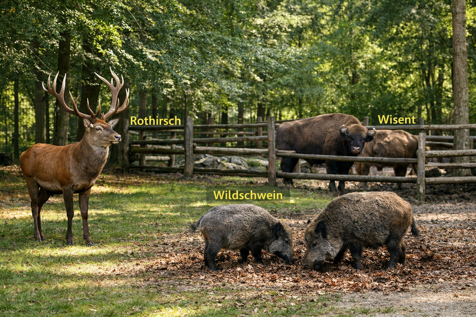 () editorial image showing a diverse collection of native European wildlife at Wildpark Poing — a red deer stag with