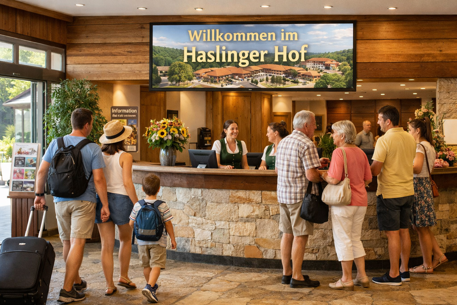 () editorial image showing a family and couples arriving at the Haslinger Hof Erlebniswelt Bad Füssing entrance: a welcoming