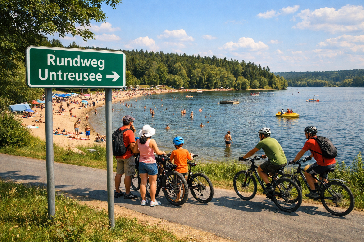 () editorial image showing a family and cyclists enjoying the Untreusee recreational area near Hof, Franken. Foreground