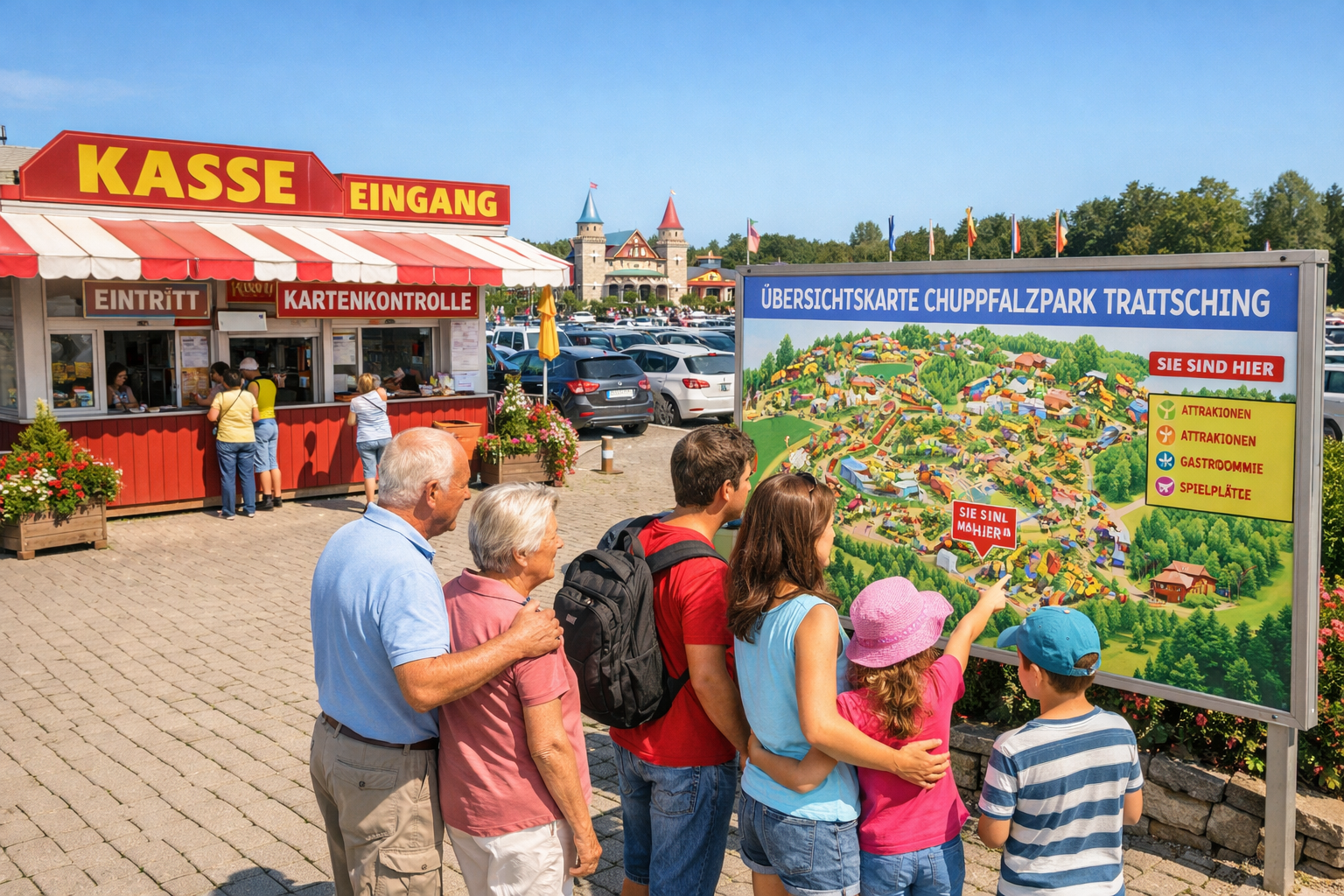 () editorial image showing a family with children and grandparents at the Churpfalzpark Traitsching ticket booth and