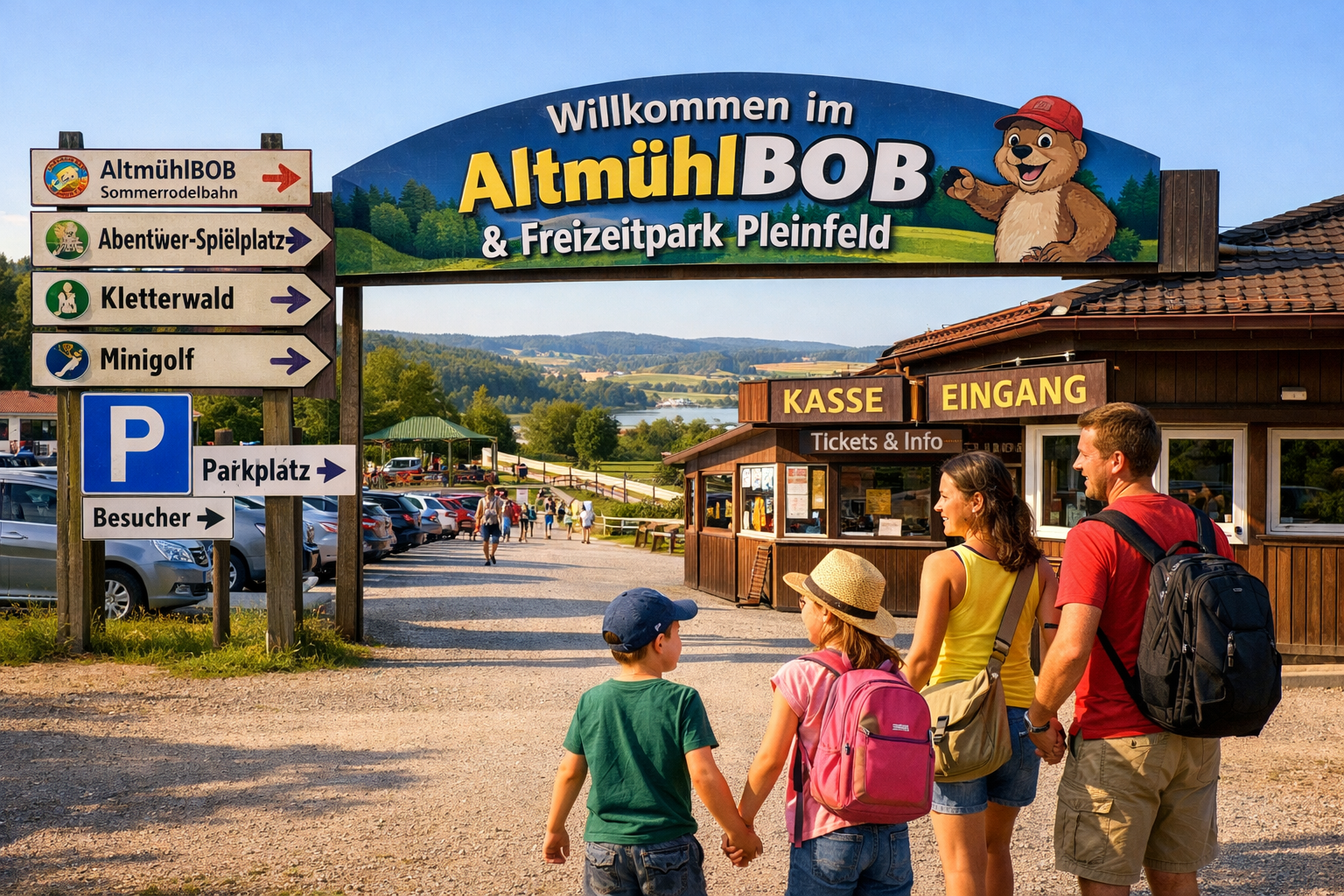 Altmühlbob & Freizeitpark (Pleinfeld) 2 () editorial image showing a family with children arriving at the Altmühlbob & Freizeitpark Pleinfeld entrance, parking area