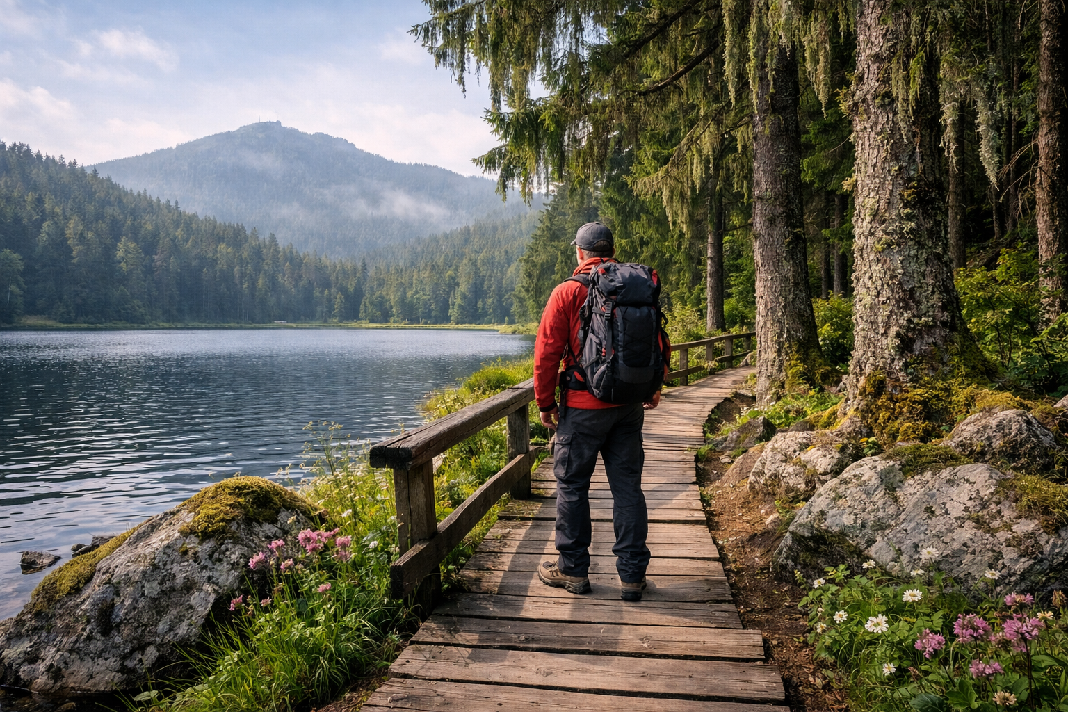 Rundweg um den Großen Arbersee (Bayerischer Wald) 1 () editorial image showing a hiker on the Rundweg um den Großen Arbersee trail in the Bayerischer Wald. The hiker stands on