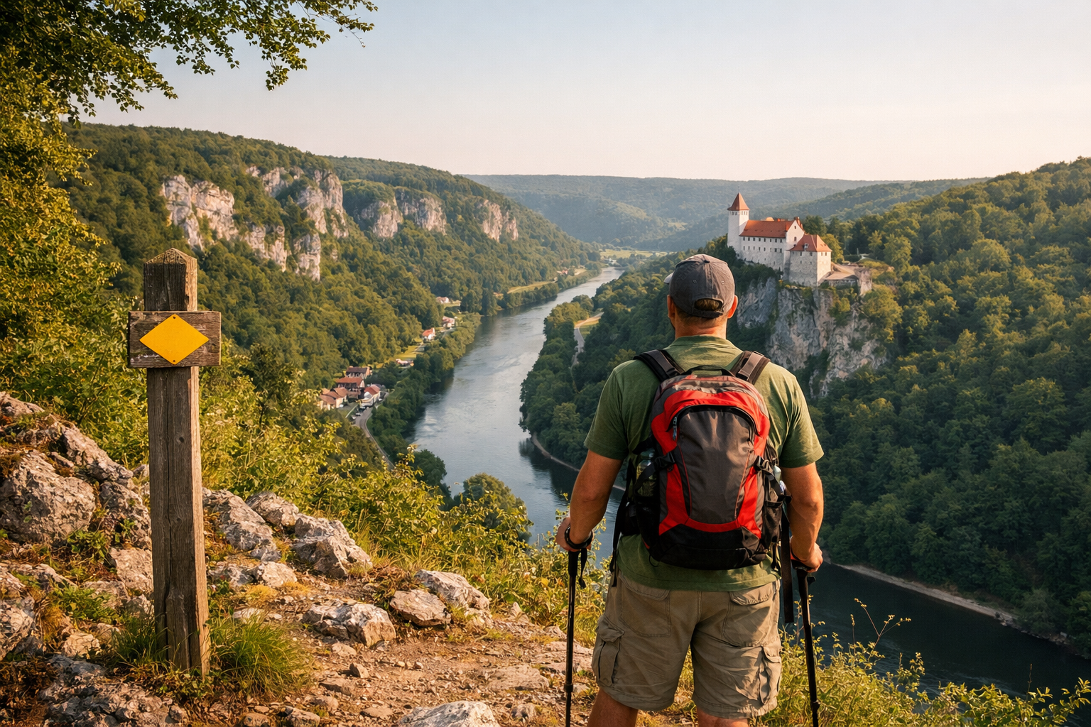 () editorial image showing a hiker standing at a panoramic viewpoint on the Burg-Prunn-Rundweg trail above Riedenburg in the