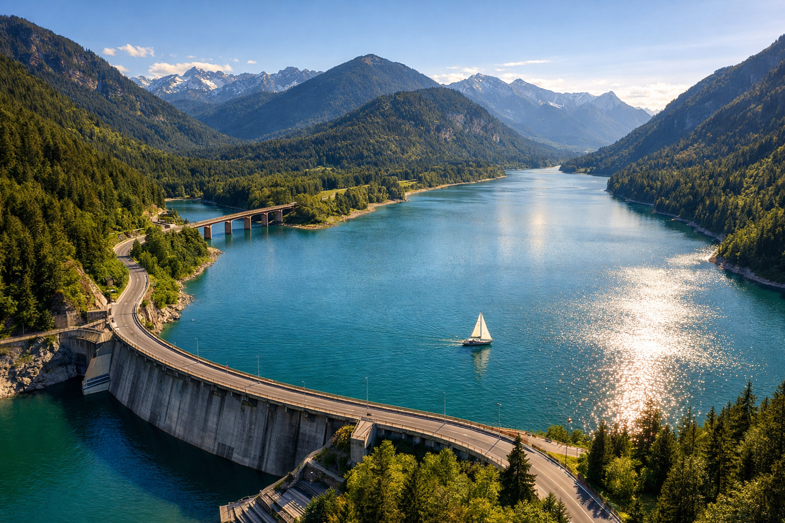 () editorial image showing a panoramic aerial view of the Sylvensteinsee dam and reservoir in the Isarwinkel valley,
