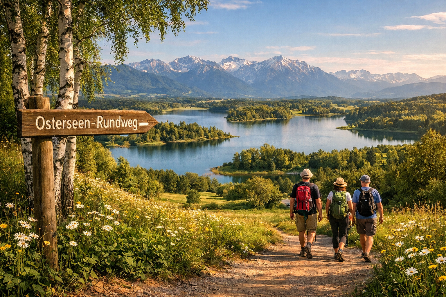 () editorial image showing a panoramic view of multiple interconnected Osterseen lakes near Iffeldorf, Oberbayern. A wooden