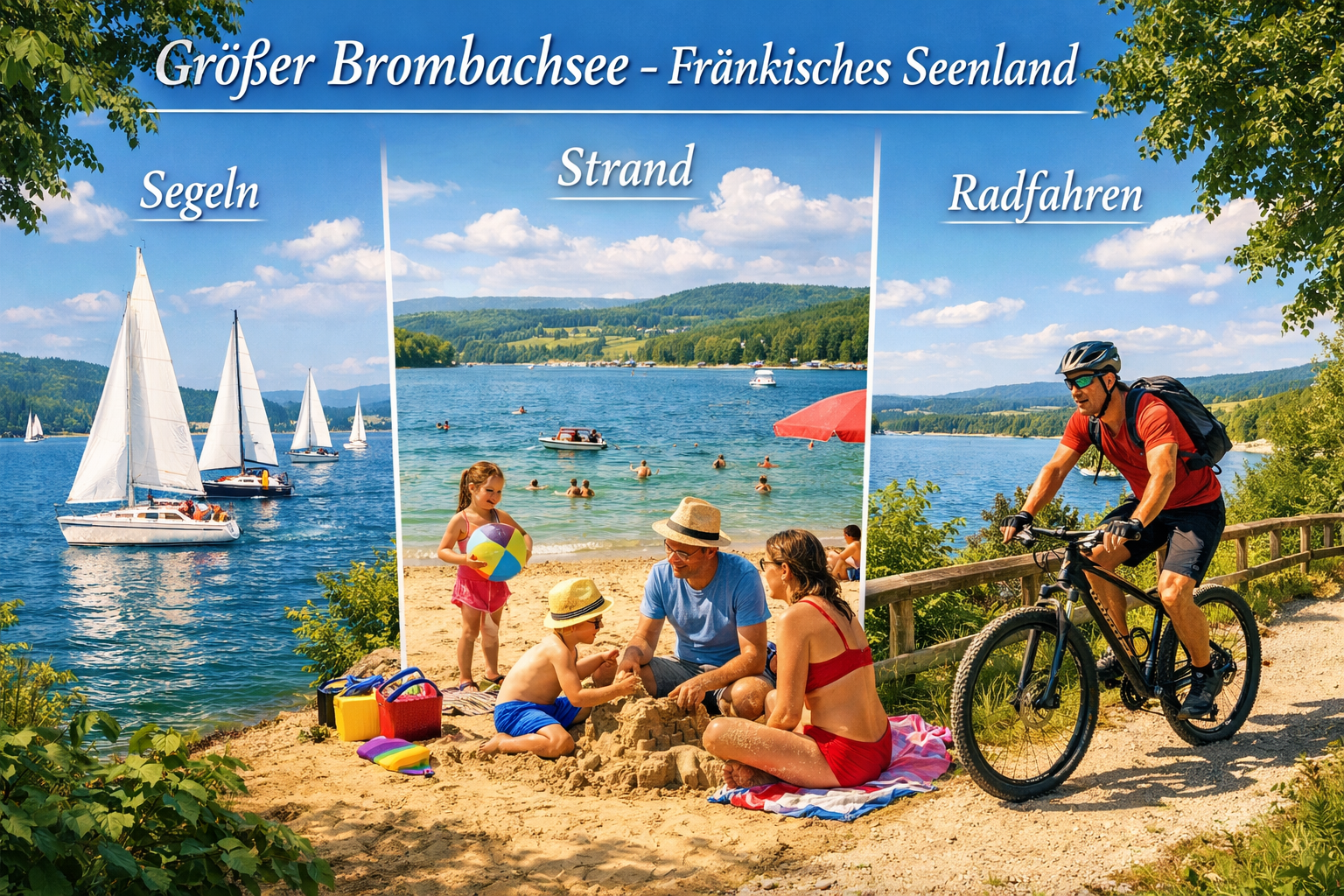 () editorial image showing diverse activities at Großer Brombachsee Fränkisches Seenland: split-scene composition with