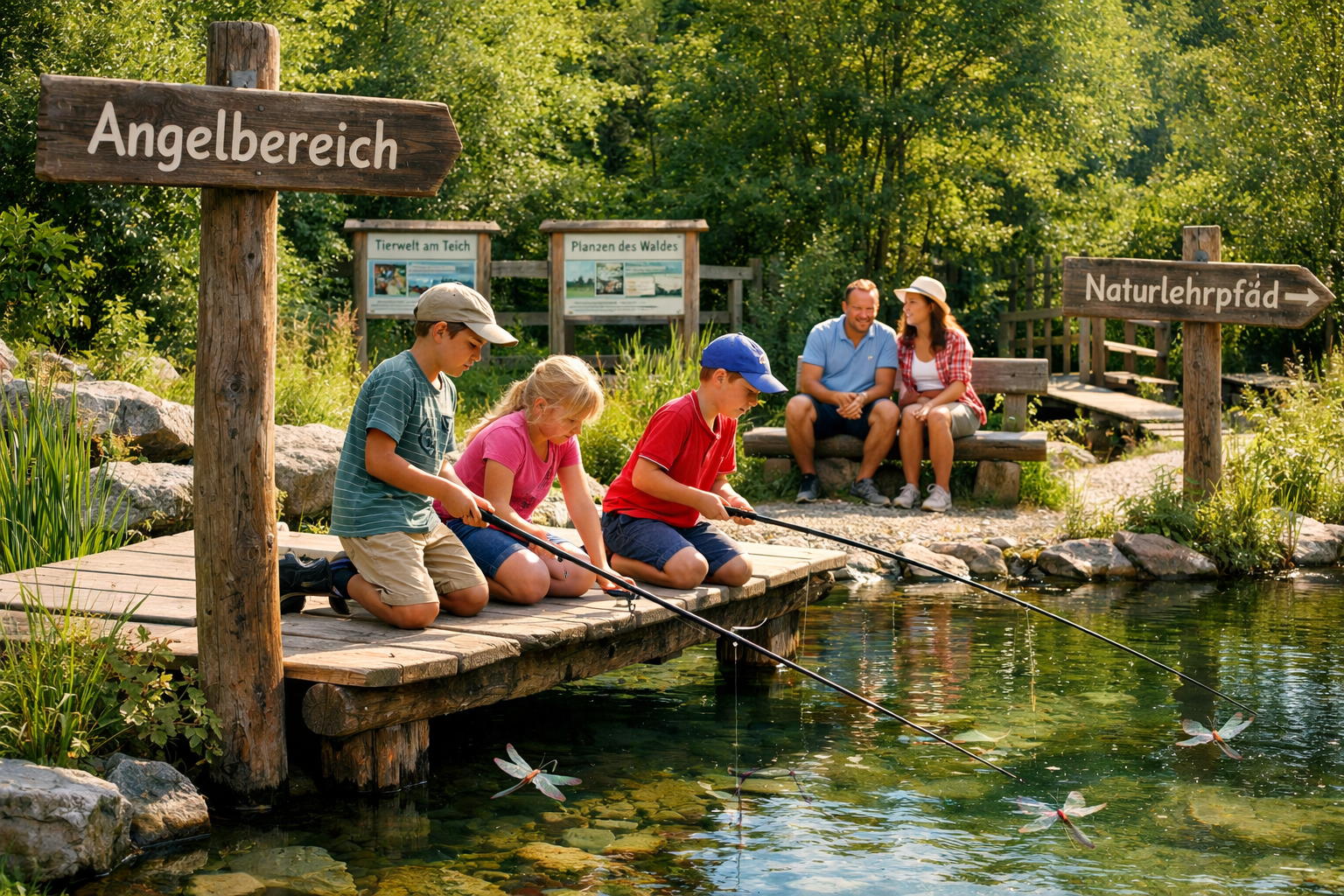 () editorial image showing diverse family activities at a Bavarian nature experience park: children using fishing rods at a