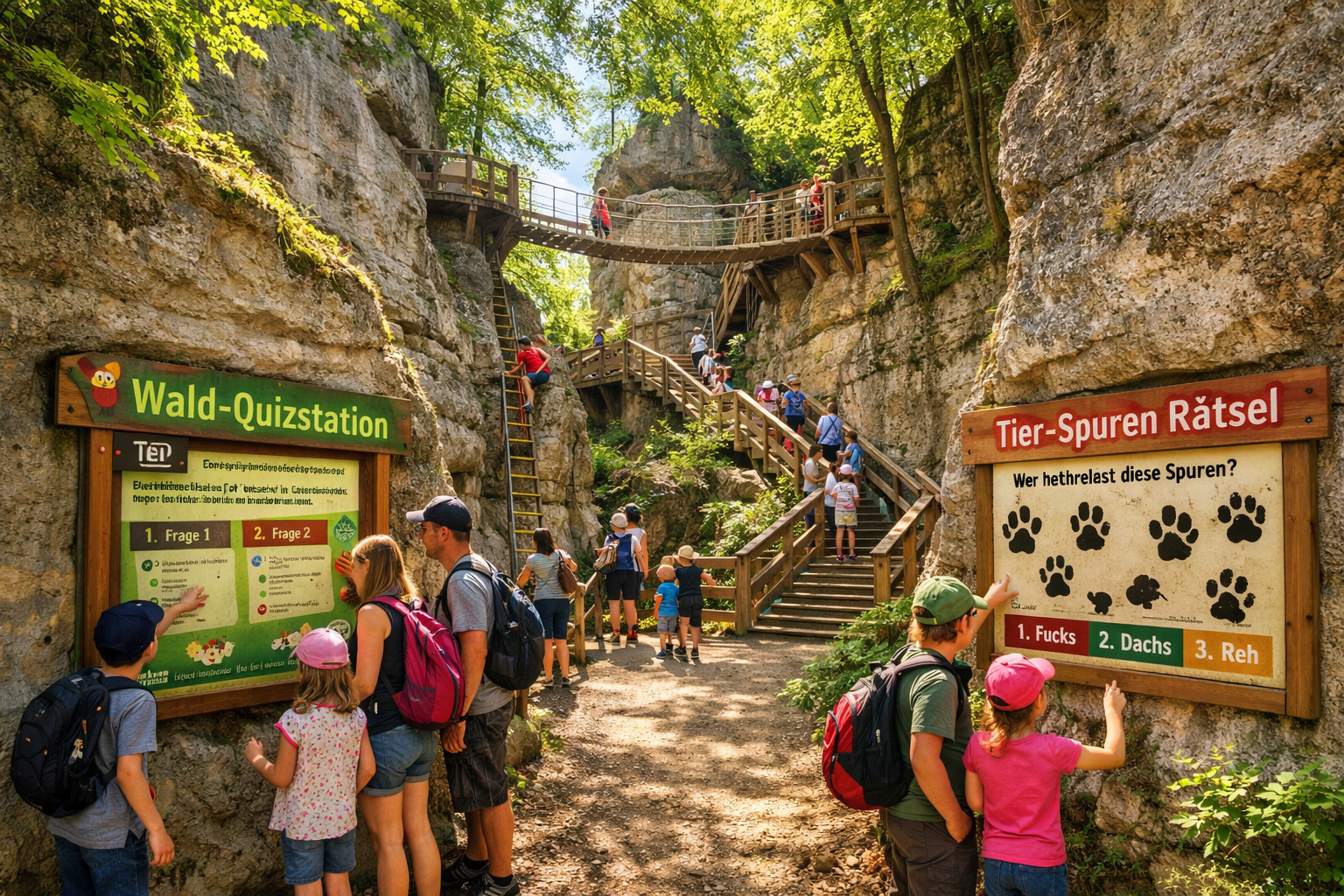 () editorial image showing families and children exploring the Erlebnisfelsen Pottenstein adventure rock area, wooden