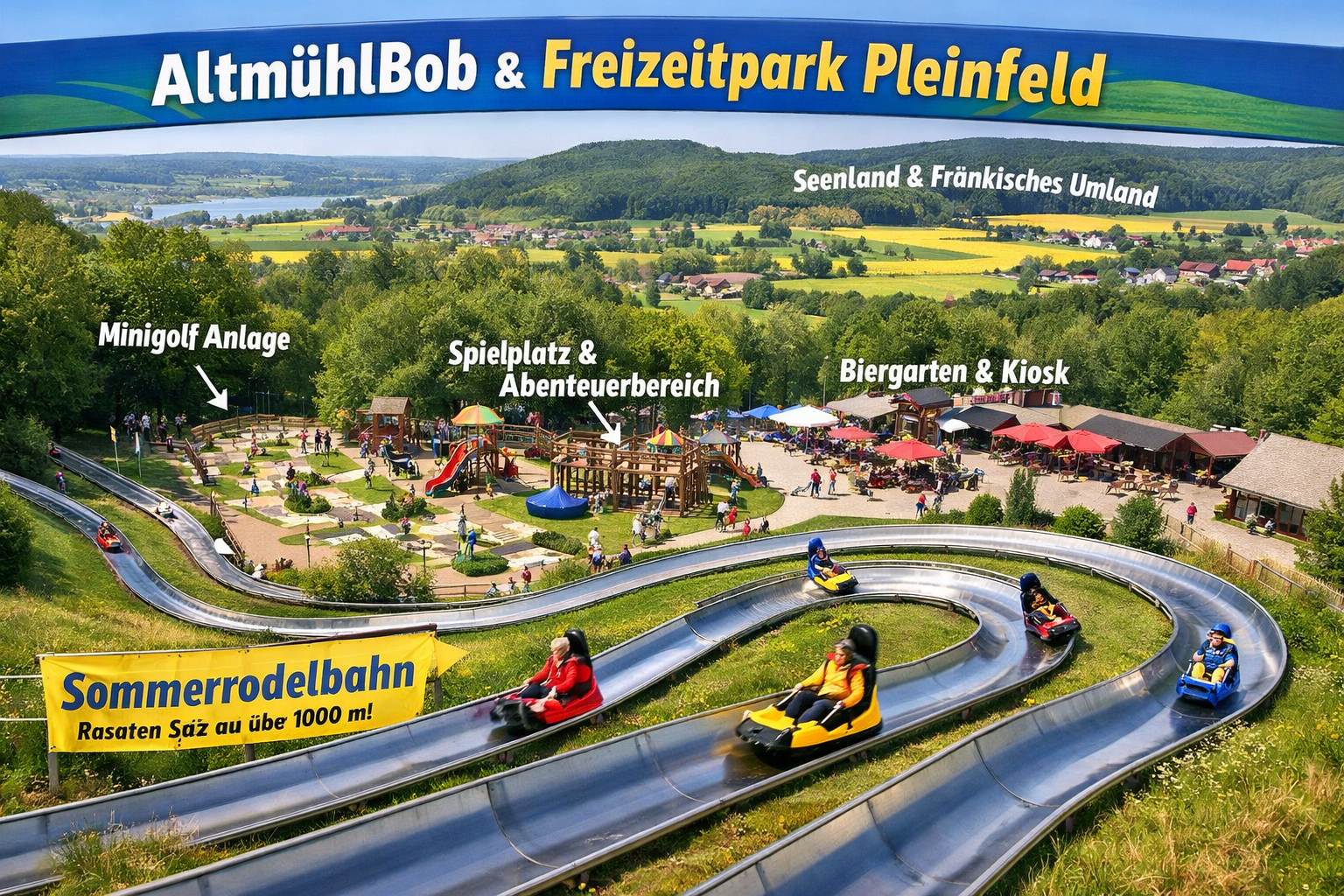 Altmühlbob & Freizeitpark (Pleinfeld) 1 () editorial image showing the Altmühlbob & Freizeitpark Pleinfeld attraction overview from an elevated angle, featuring the