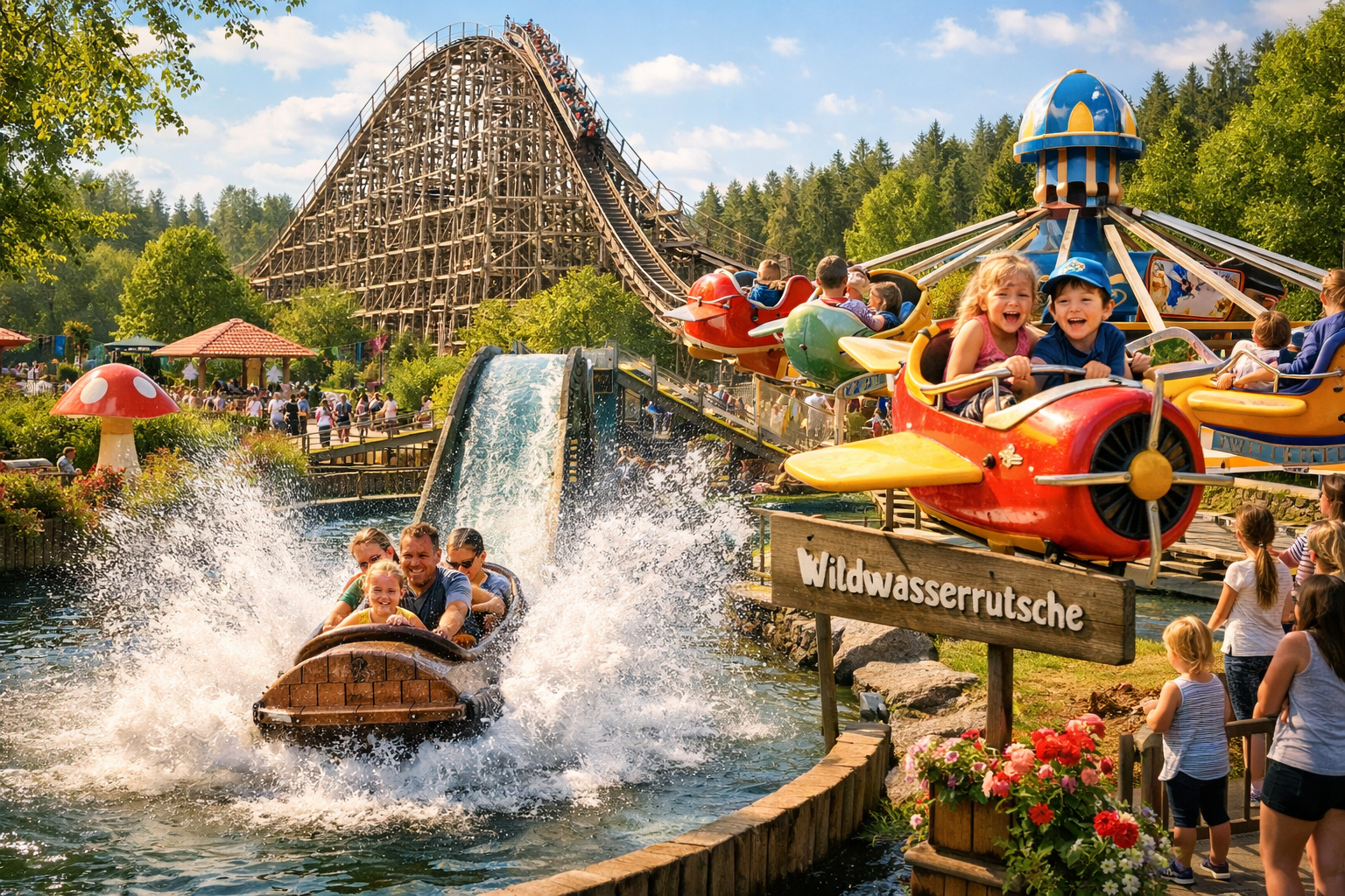() editorial image showing the diverse attractions inside Churpfalzpark Traitsching: a wooden roller coaster in the