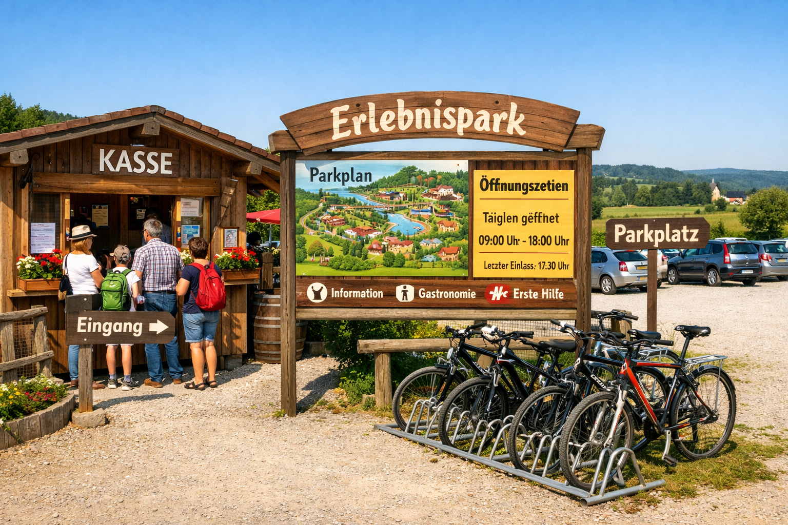 () editorial image showing the entrance area and visitor facilities of a Bavarian Erlebnispark: a rustic wooden ticket booth