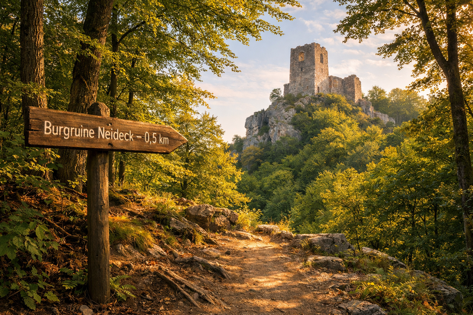 Burgruine Neideck 1 () editorial image showing the iconic stone tower of Burgruine Neideck rising above a dense canopy of beech and oak trees in