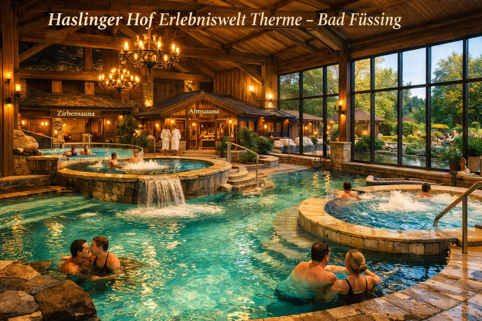 () editorial image showing the interior of the Haslinger Hof Erlebniswelt thermal world in Bad Füssing: a grand indoor