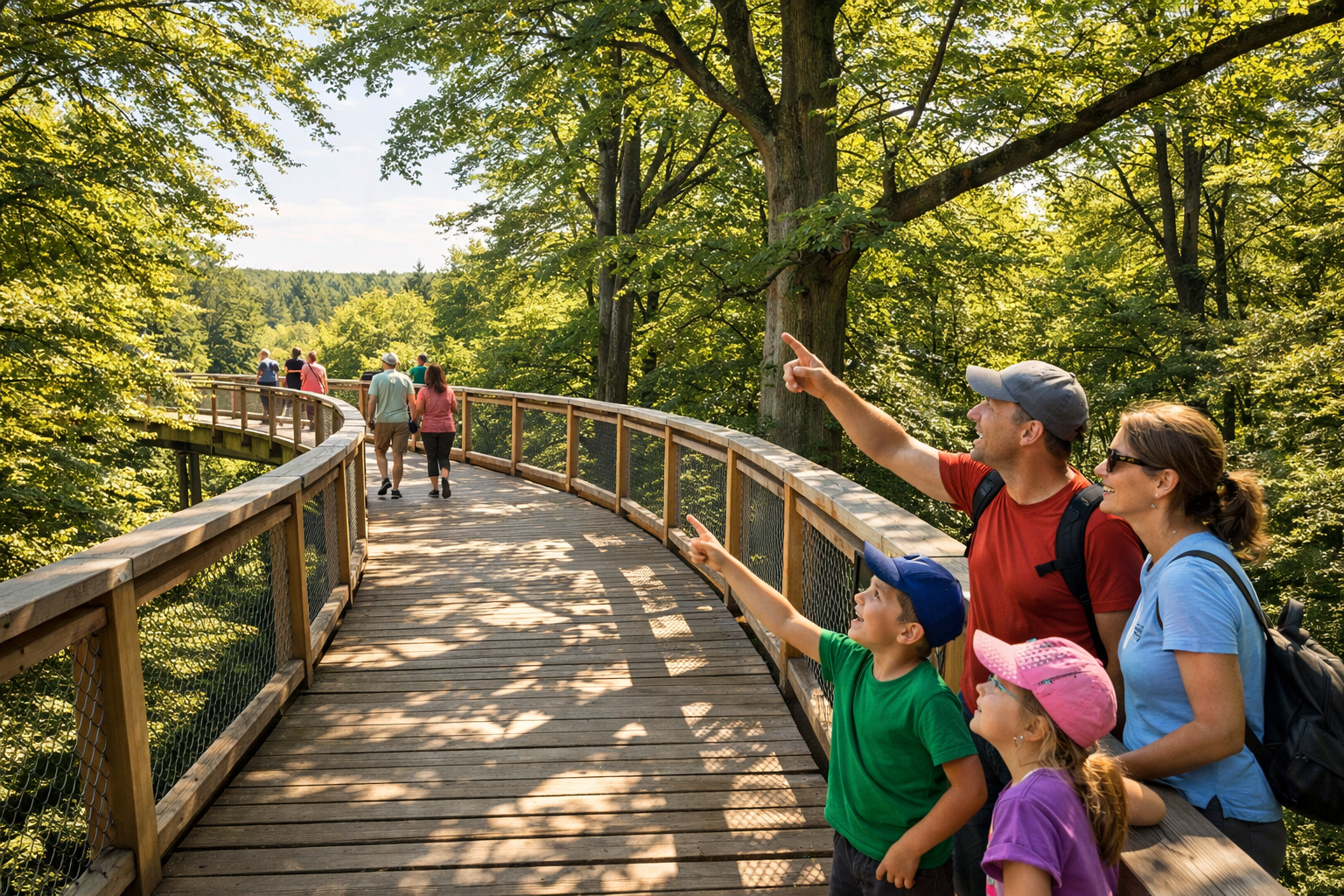 () editorial image showing visitors walking along the elevated wooden boardwalk of the Baumwipfelpfad Steigerwald near