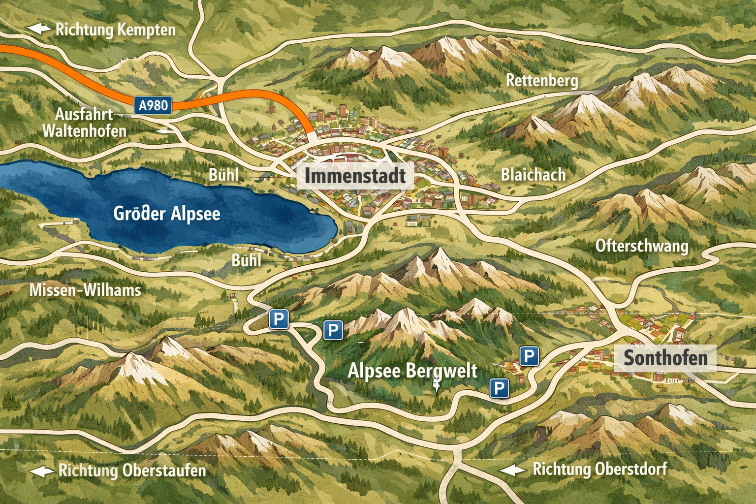() editorial overhead drone-style map-view illustration of the Immenstadt im Allgäu region showing road access routes to