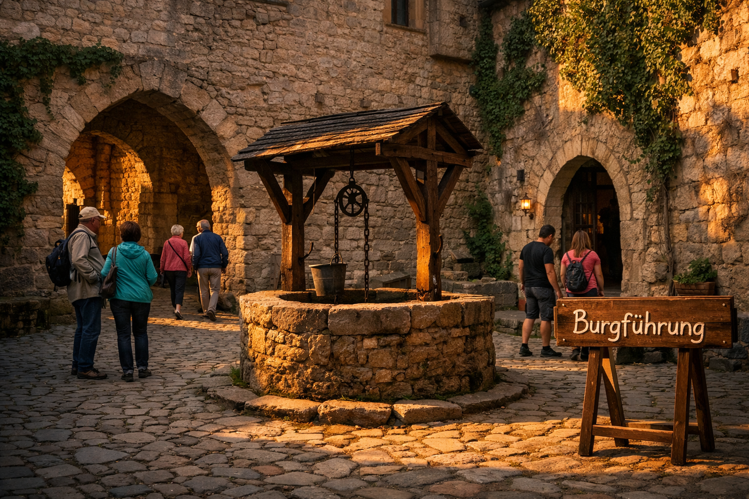 () editorial photograph of the interior courtyard of Burg Rabenstein showing medieval stone archways, cobblestone ground,