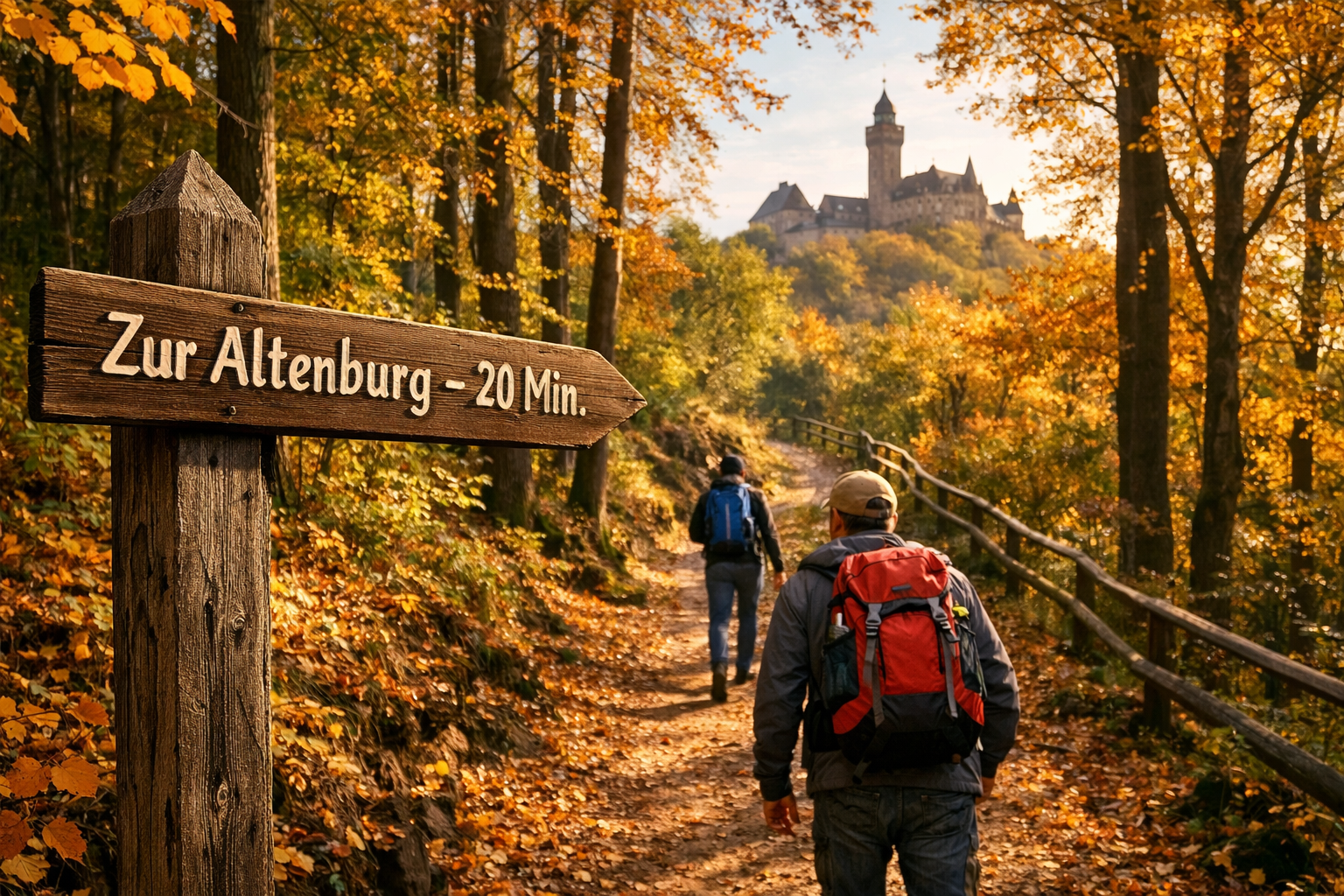 () editorial travel image depicting a winding forest path leading uphill toward the Altenburg castle silhouette near