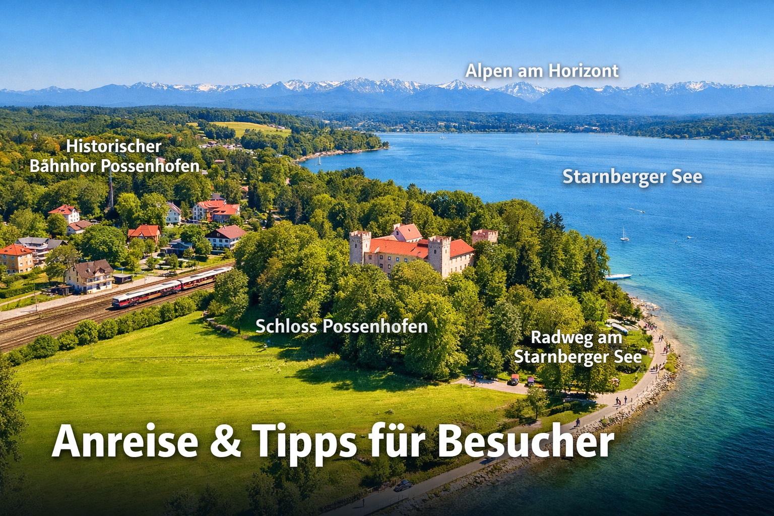 Schloss Possenhofen 2 () editorial travel image showing a scenic aerial view of the village of Possenhofen with the castle visible among trees