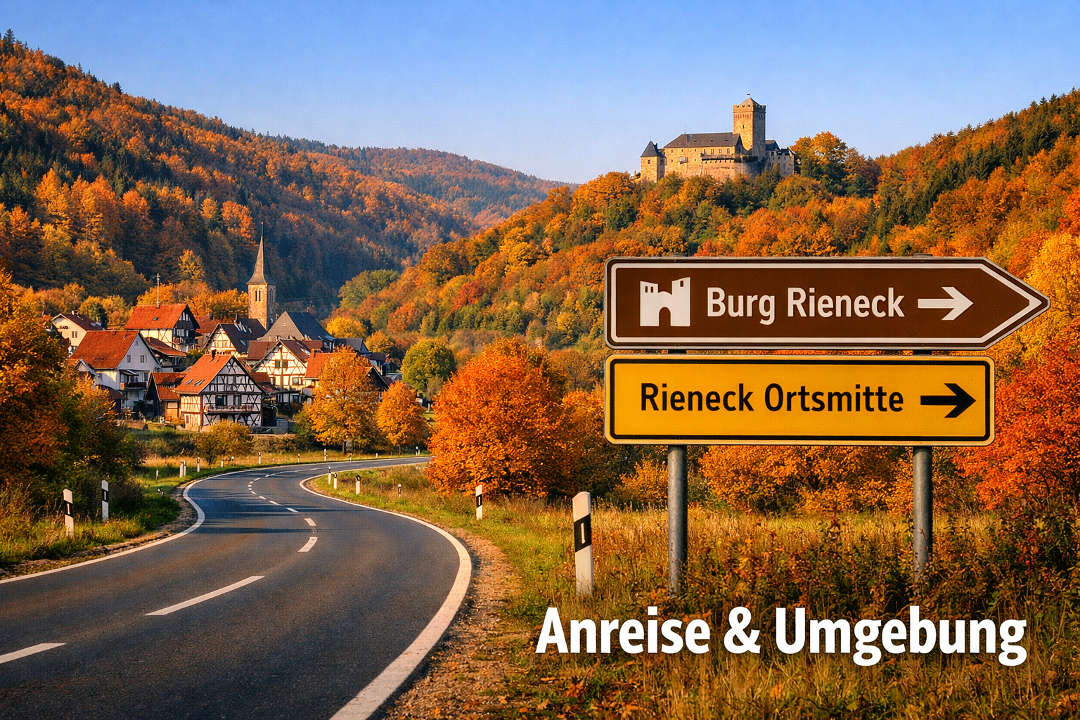 () editorial travel image showing a scenic winding road through the Sinntal valley leading toward Burg Rieneck visible on