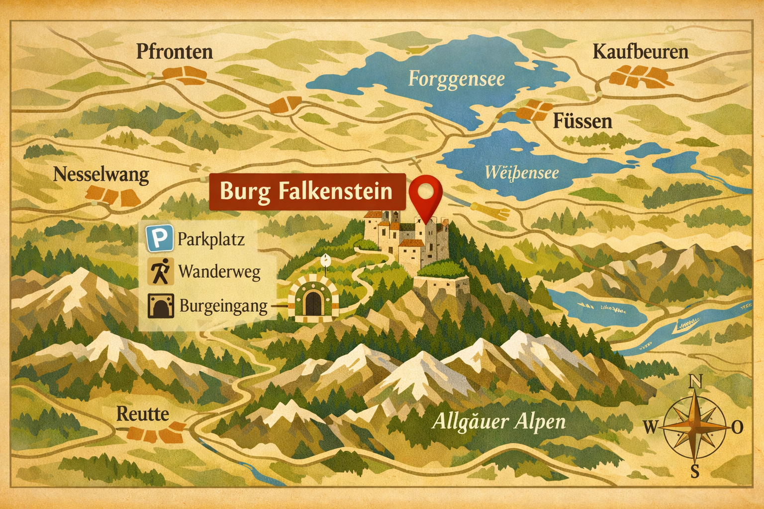 Burg Falkenstein 2 () editorial travel infographic illustration showing a stylized map of the Chiemgau region in Bavaria with Burg Falkenstein