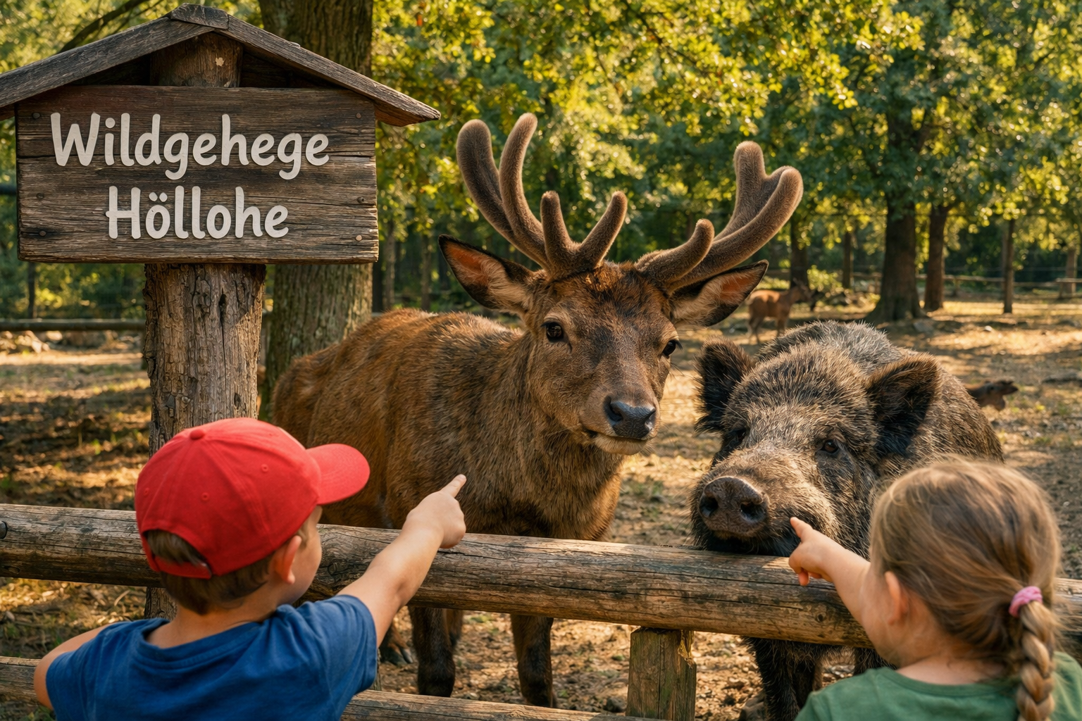 () image of the wildlife section of Höllohe Freizeitpark Teublitz – close-up of European deer and wild boar in a spacious